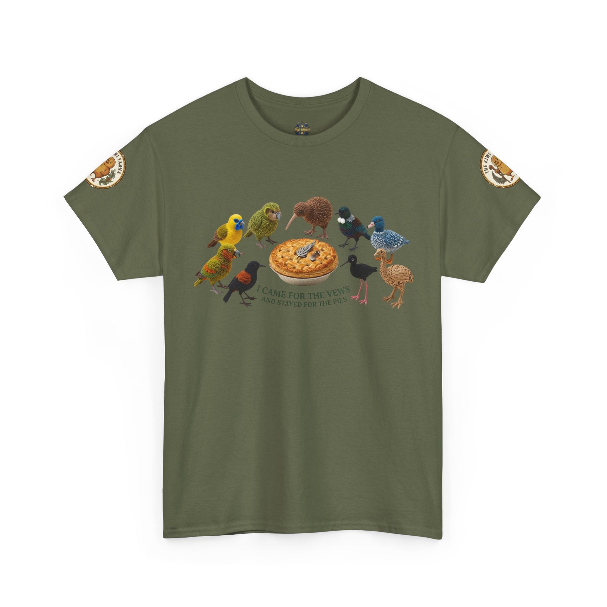 Olive green graphic T-shirt with birds-and-pizza print and round sleeve patches