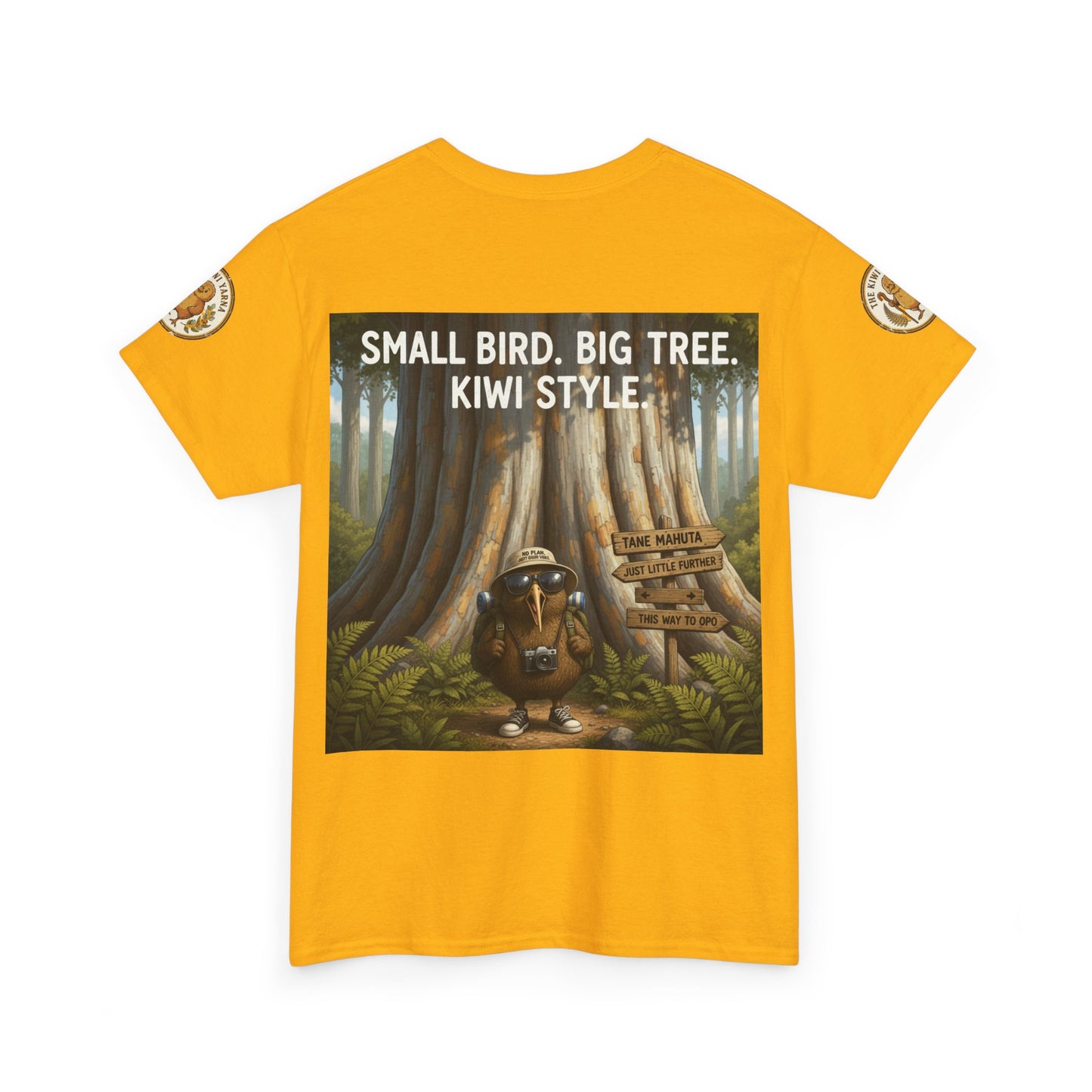 Crew-neck t-shirt in bright yellow with front forest kiwi-style graphic panel