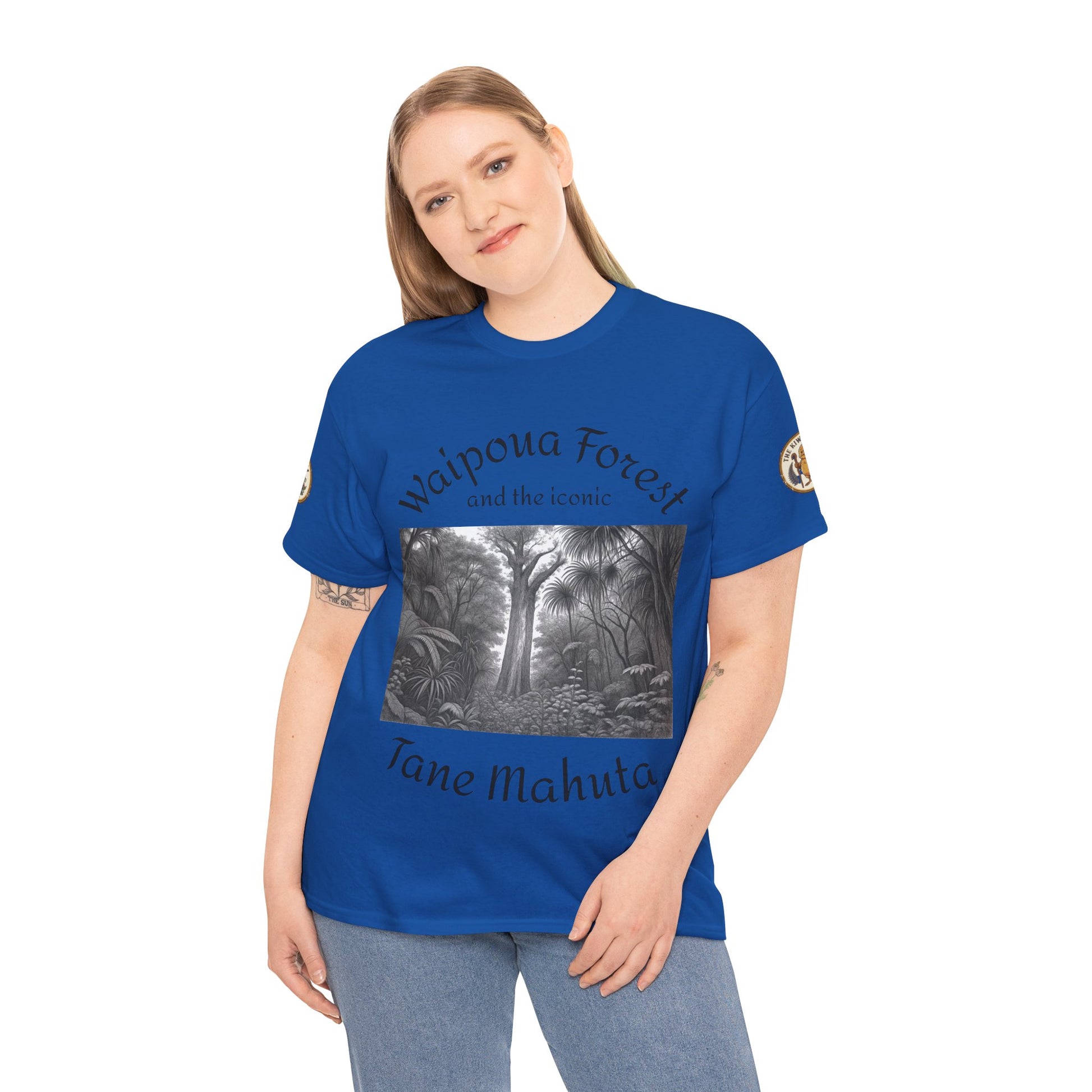Blue crewneck T-shirt worn by model with monochrome forest graphic on the front
