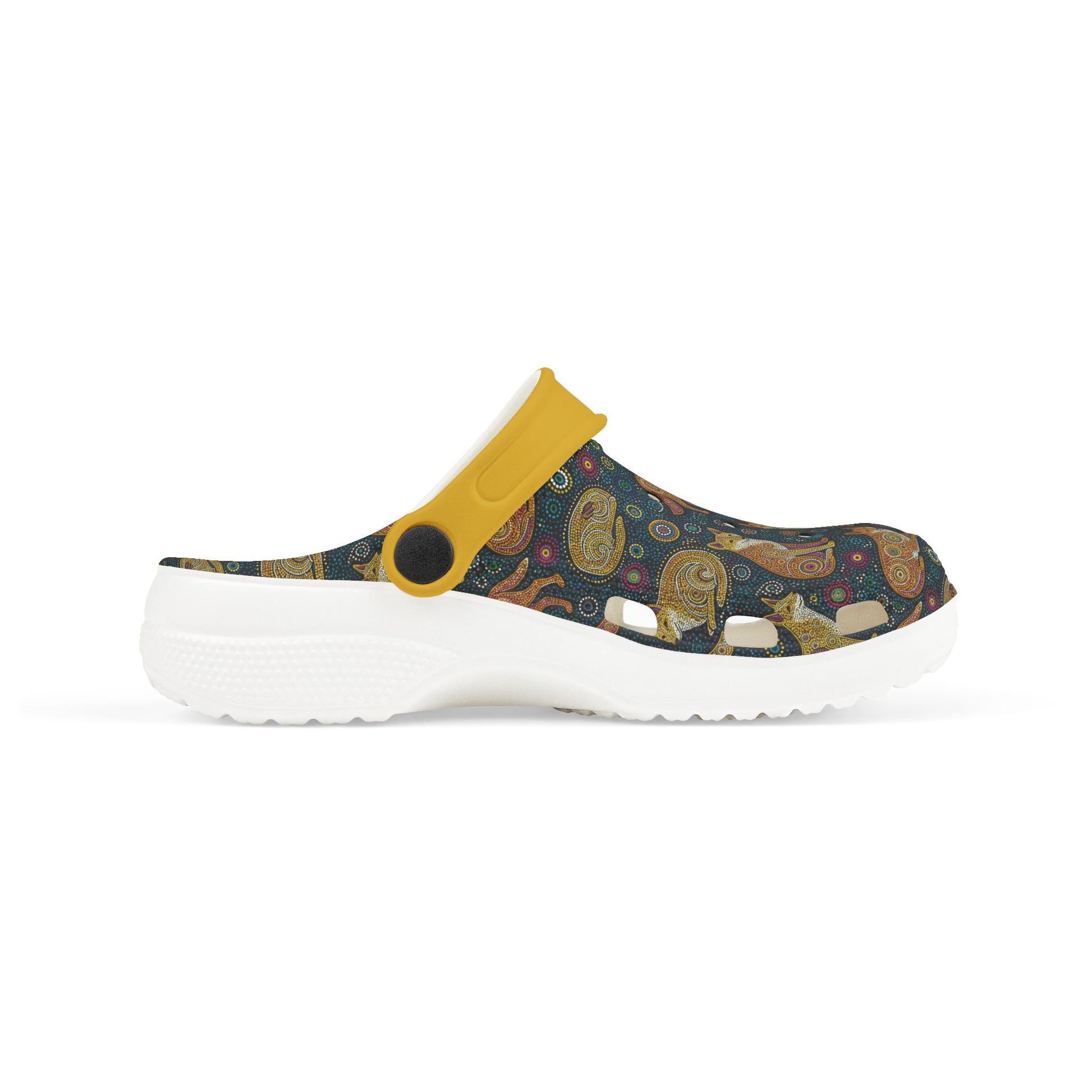 Aboriginal art casual clog shoe, dark patterned upper with yellow strap, white outsole