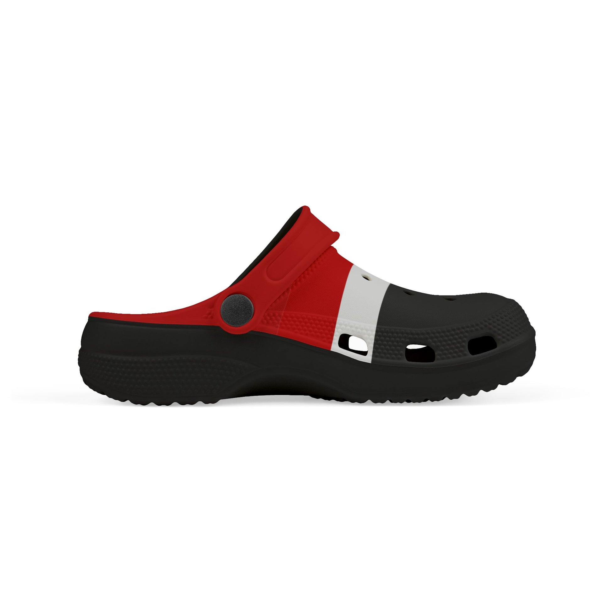 Red and black slip-on clog with white side stripe, round vent, and rugged sole