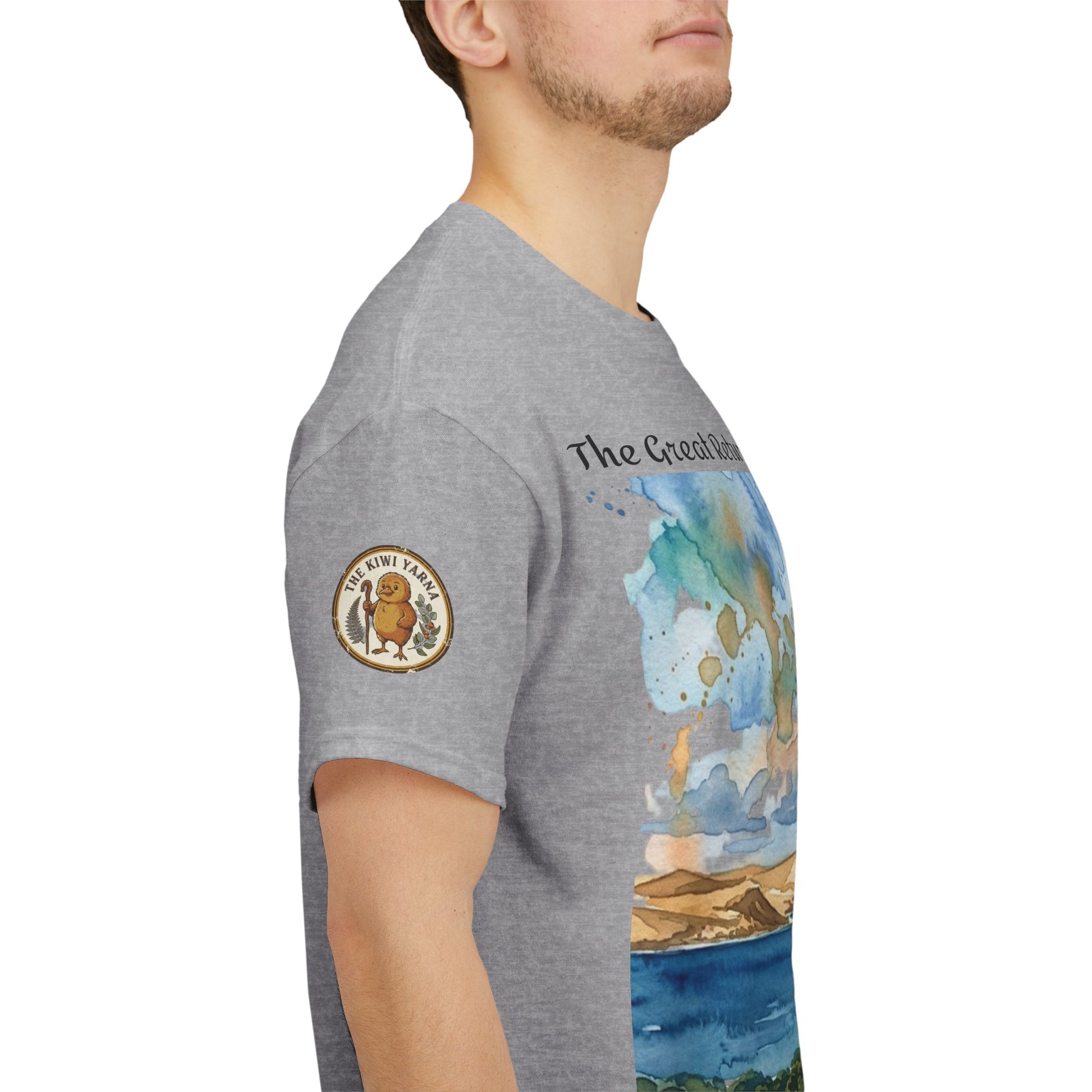 Sport grey graphic T-shirt side view with circular sleeve logo and watercolor landscape print