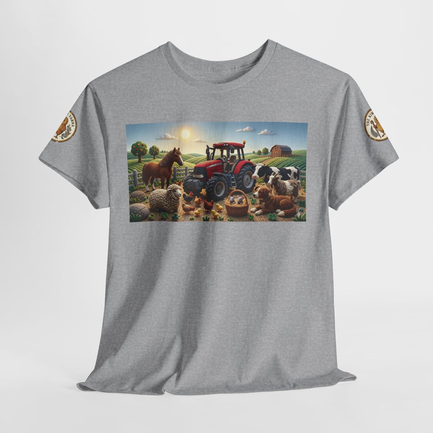 Heather gray T-shirt with centered rectangular farm graphic featuring a red tractor.