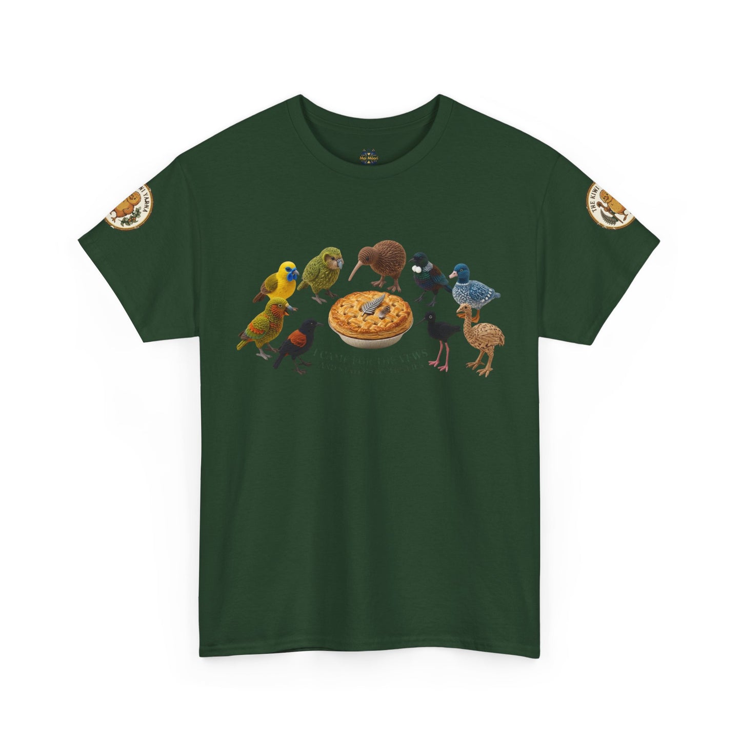 Dark green graphic T-shirt with birds-and-pizza print and round sleeve patches