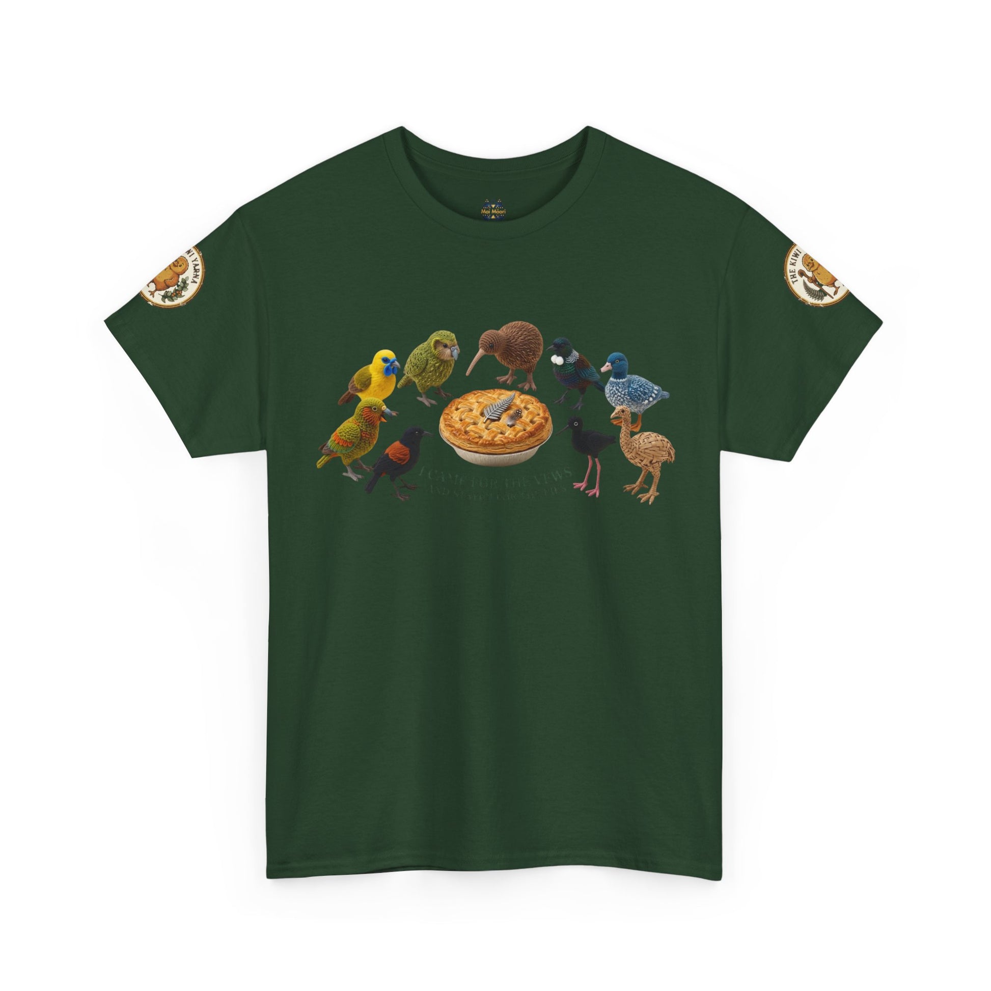 Dark green graphic T-shirt with birds-and-pizza print and round sleeve patches