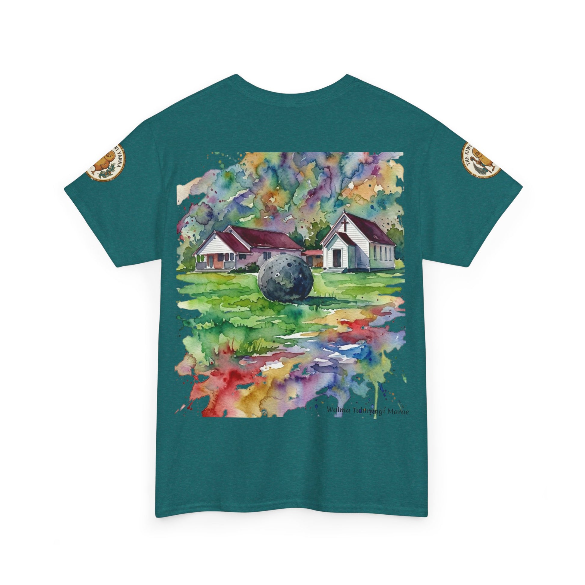 Teal T-shirt with colorful watercolor church and landscape graphic