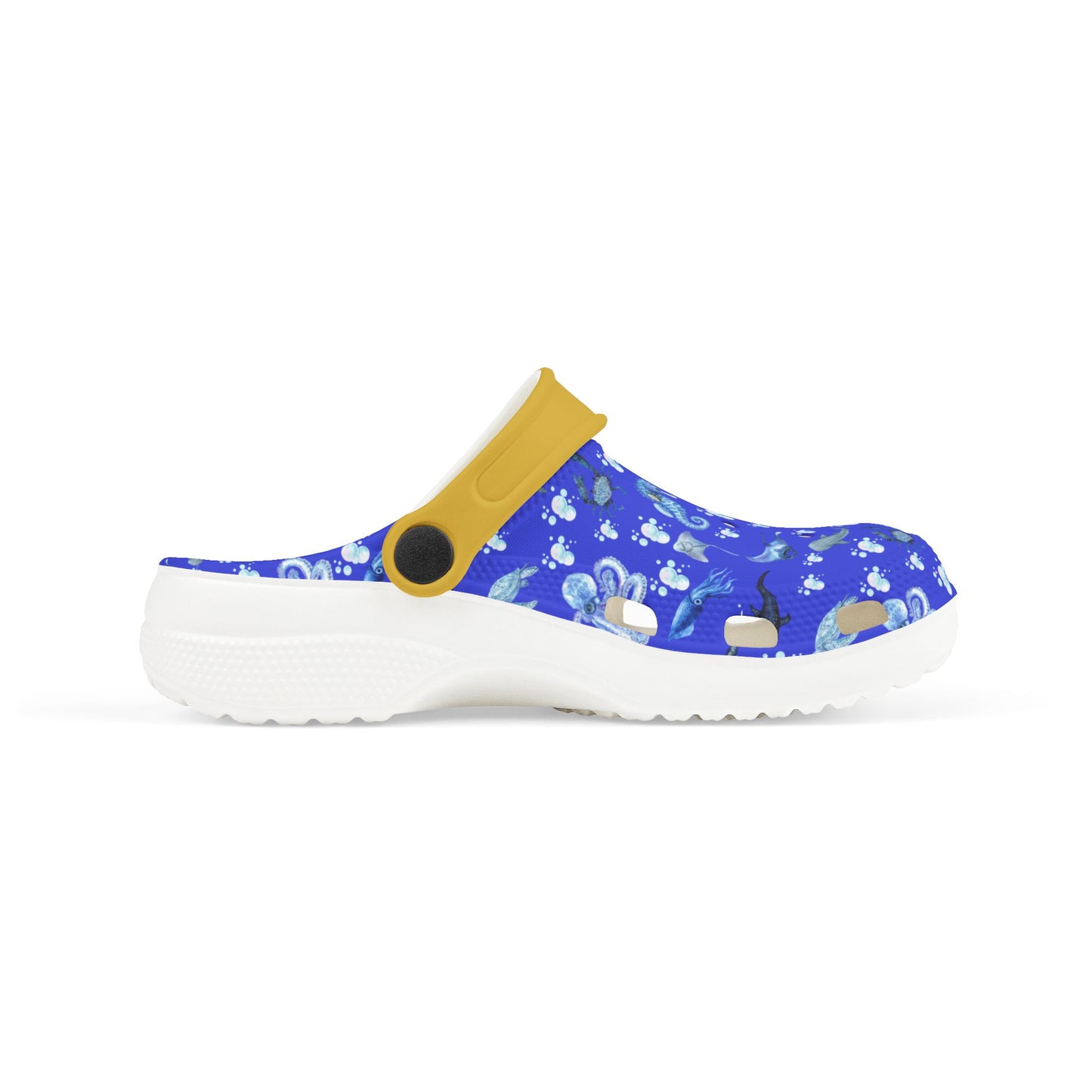 Kids' slip-on clog shoes with blue sea-print upper, yellow strap, and chunky white sole.