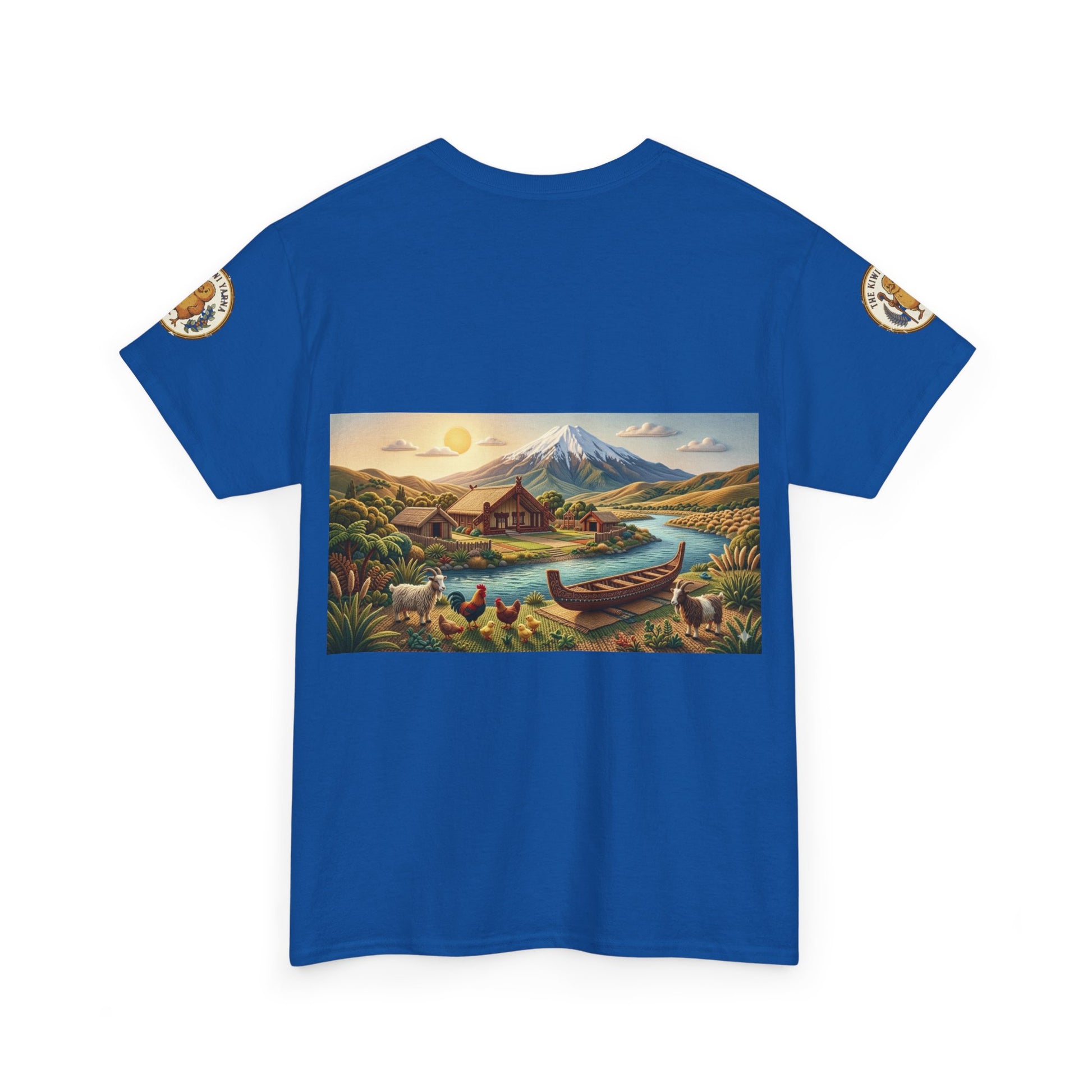Royal blue crewneck graphic T-shirt with landscape panel and canoe design