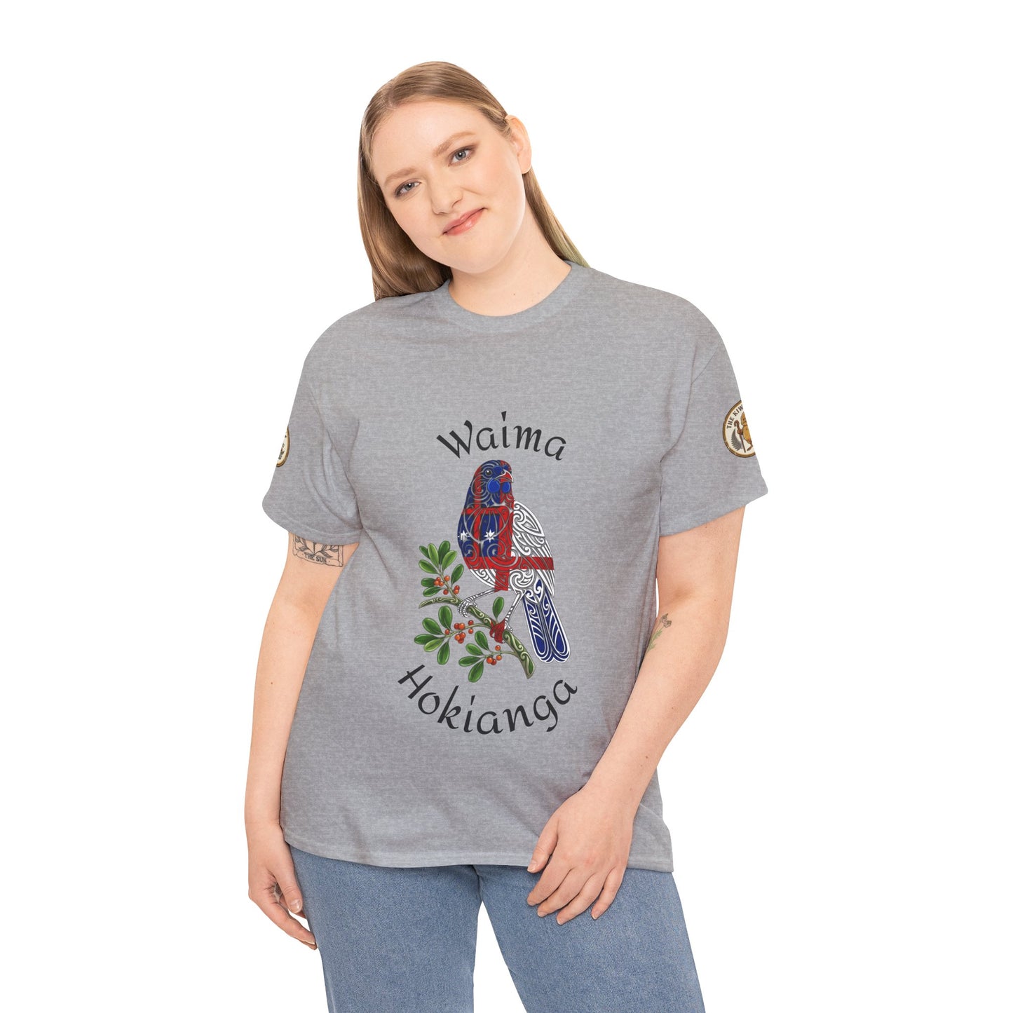 Heather grey crewneck t-shirt with central bird graphic and sleeve patches
