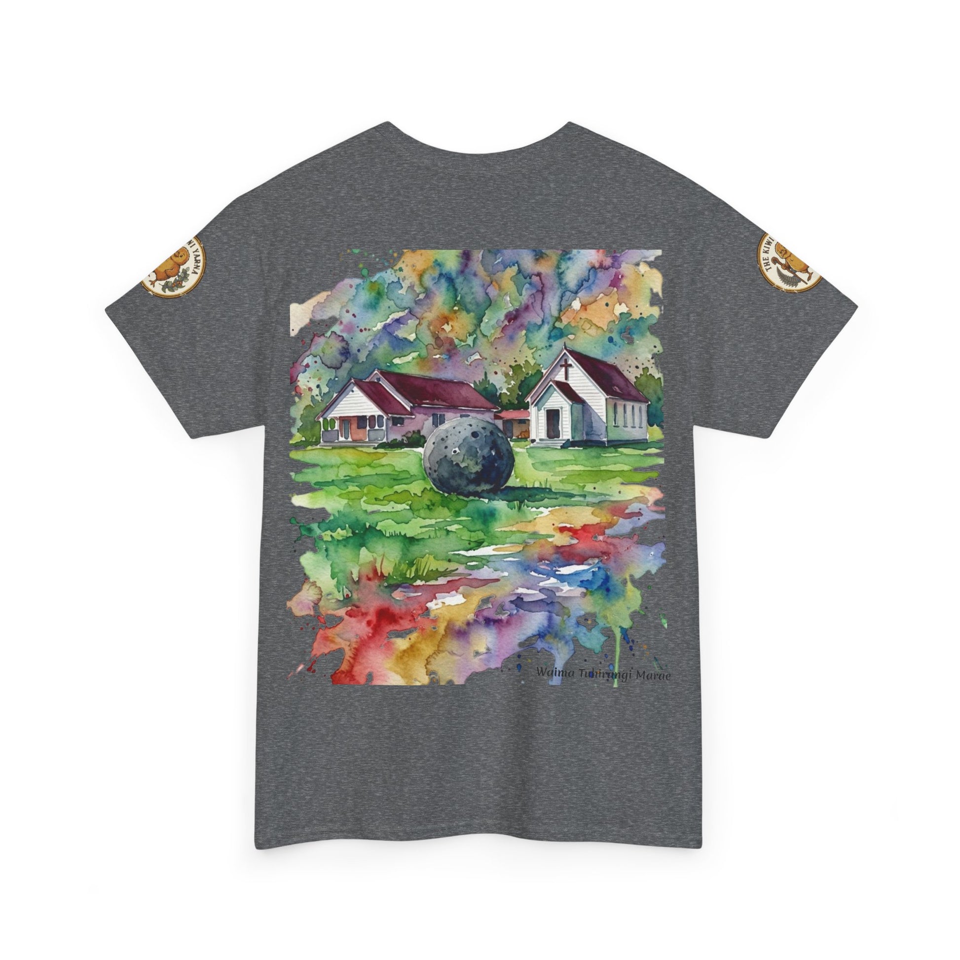 Gray T-shirt with colorful watercolor-style house and landscape graphic on front