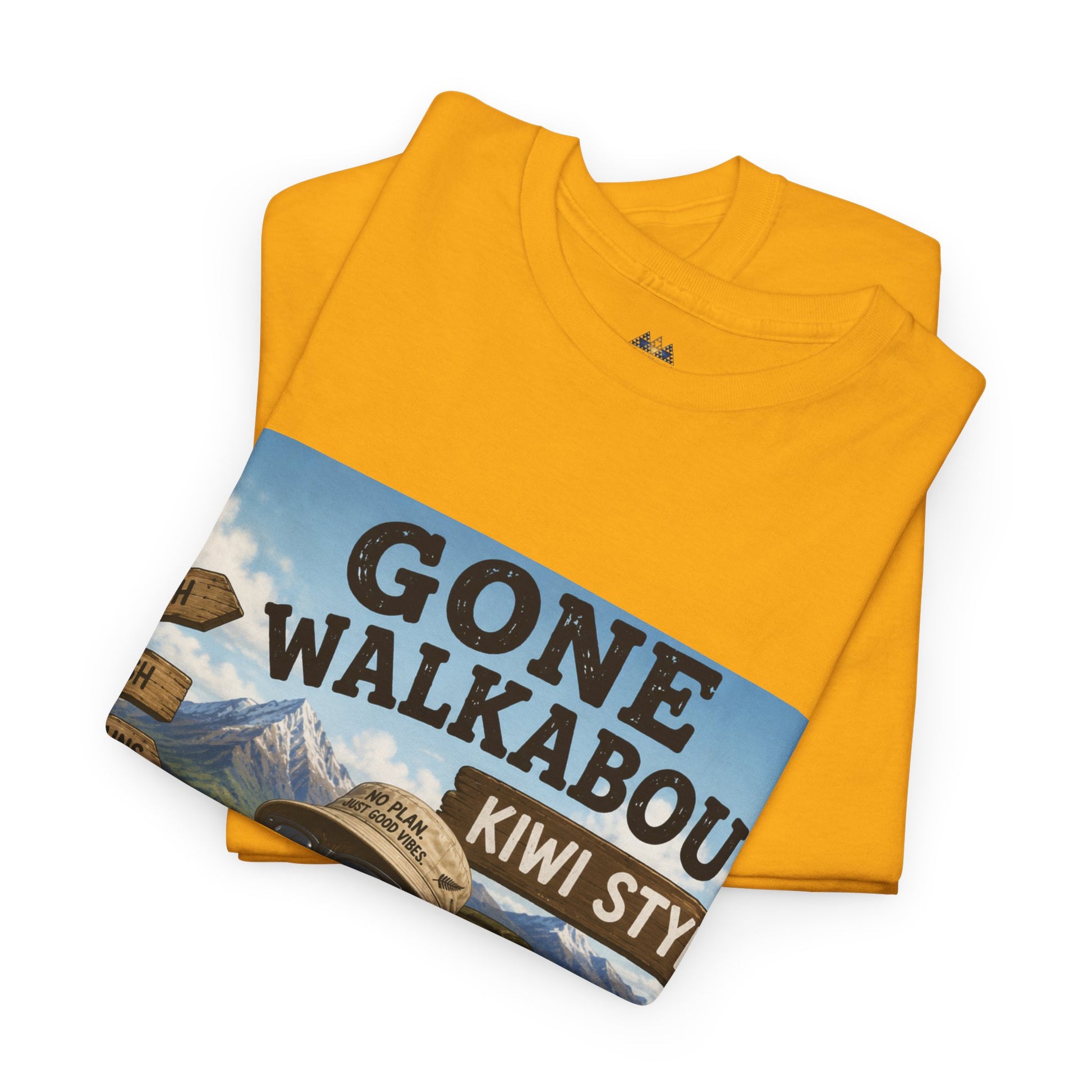 Mustard yellow T-shirt with large "Gone Walkabout Kiwi Style" graphic on front