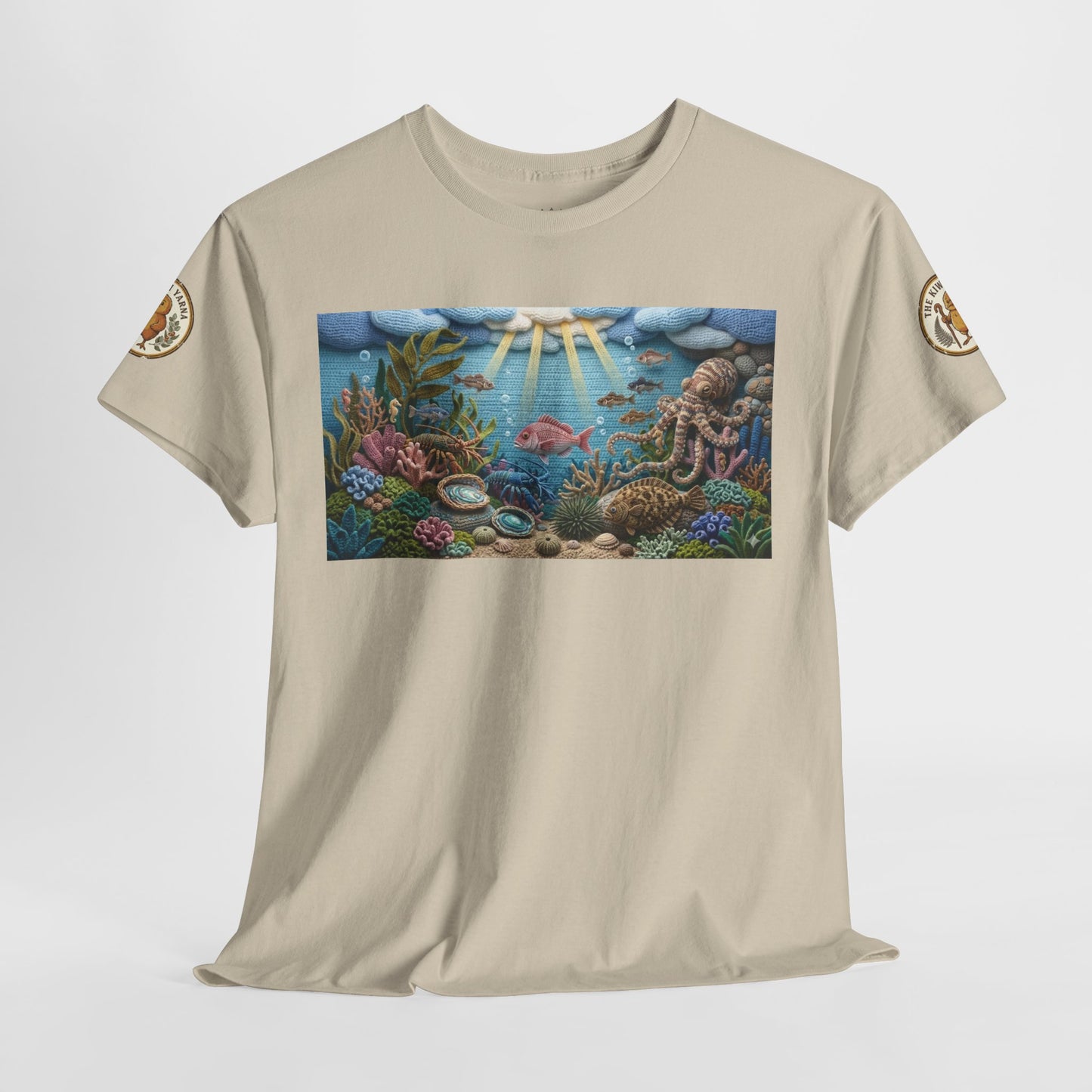 Under the sea graphic T-shirt, light beige crew neck with rectangular ocean scene print