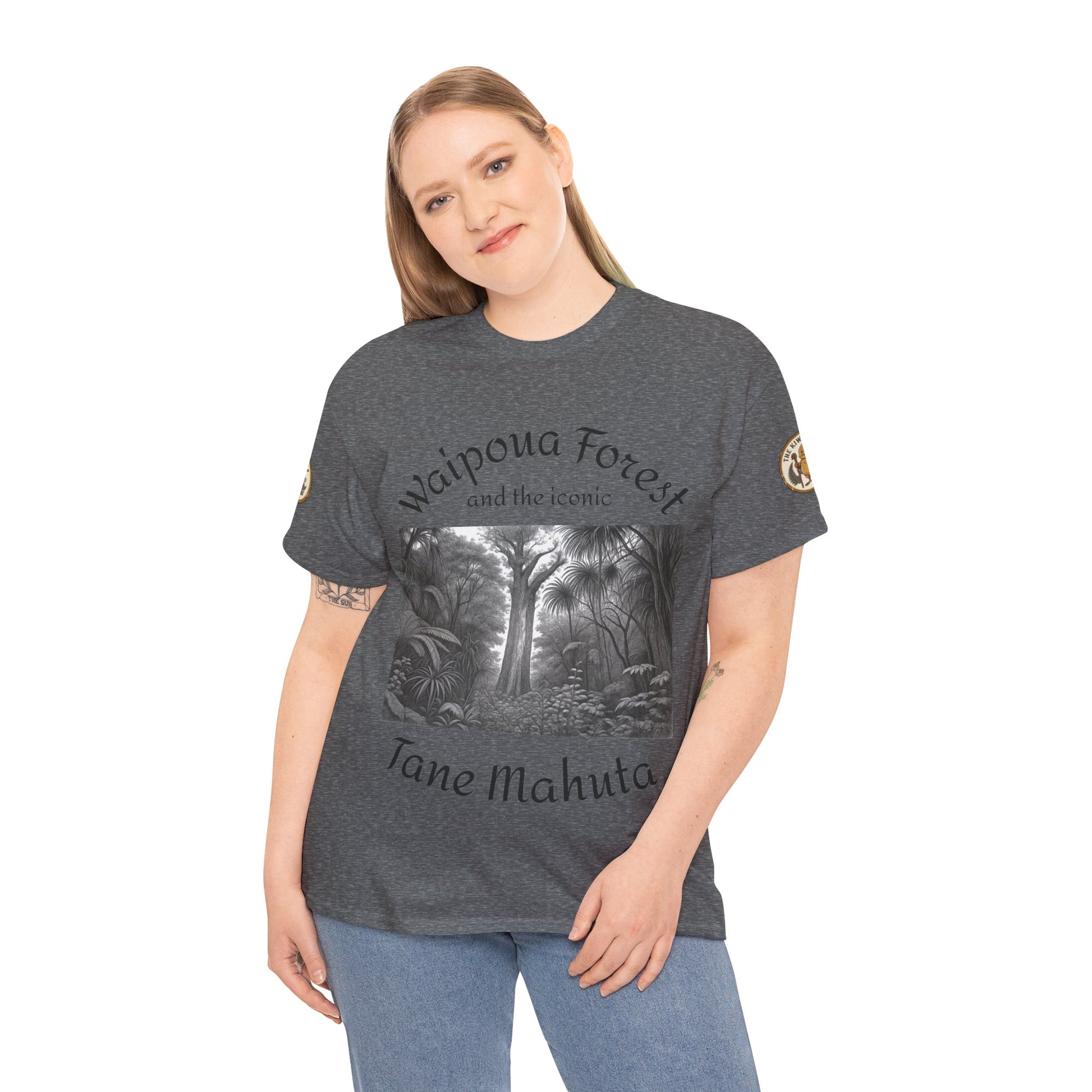Heather gray forest graphic crew-neck T-shirt on model, short sleeves