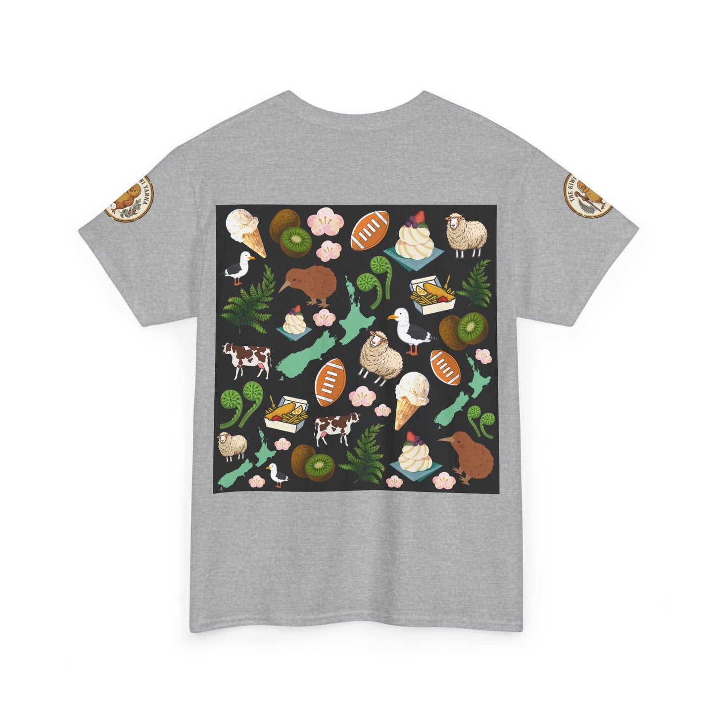 Gray crewneck T-shirt with colorful Kiwiana collage print on front