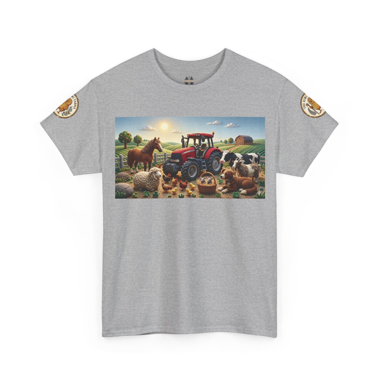 Dark gray farm graphic T-shirt with front rectangle tractor-and-animals scene and sleeve patches