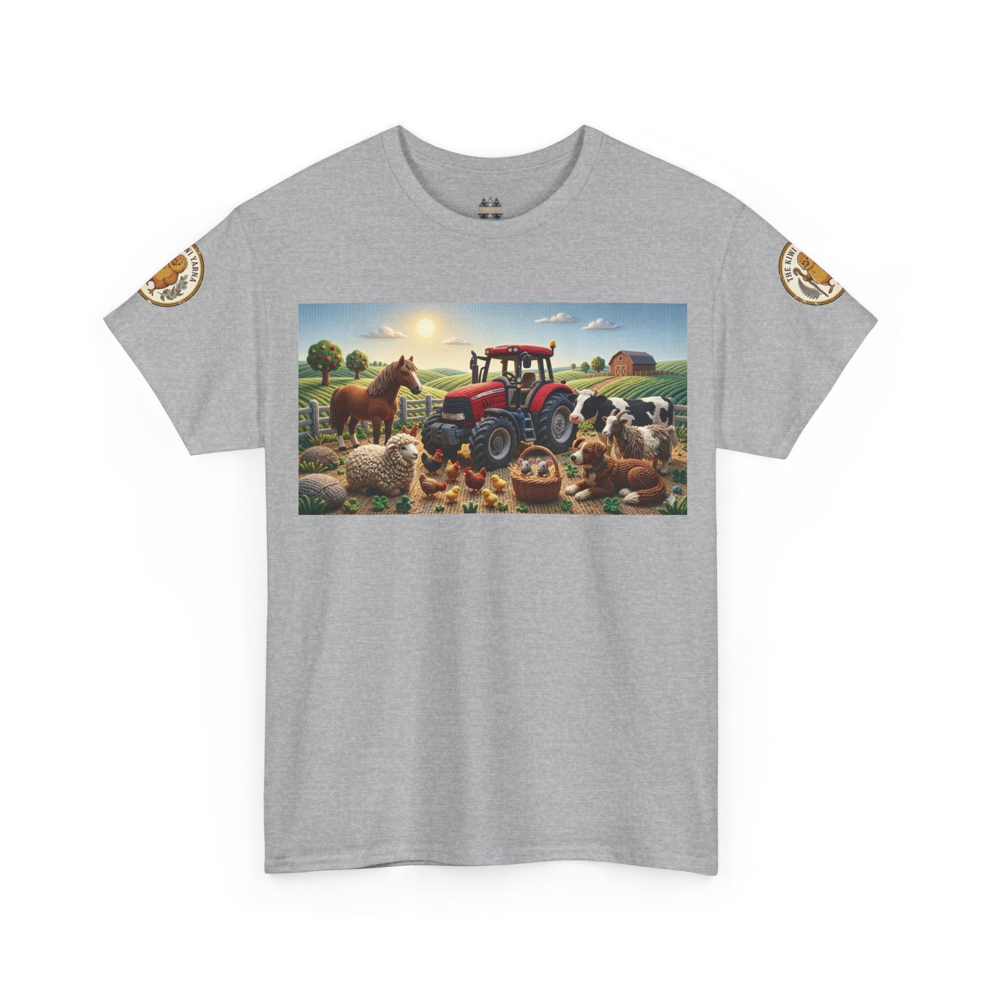 Dark gray farm graphic T-shirt with front rectangle tractor-and-animals scene and sleeve patches