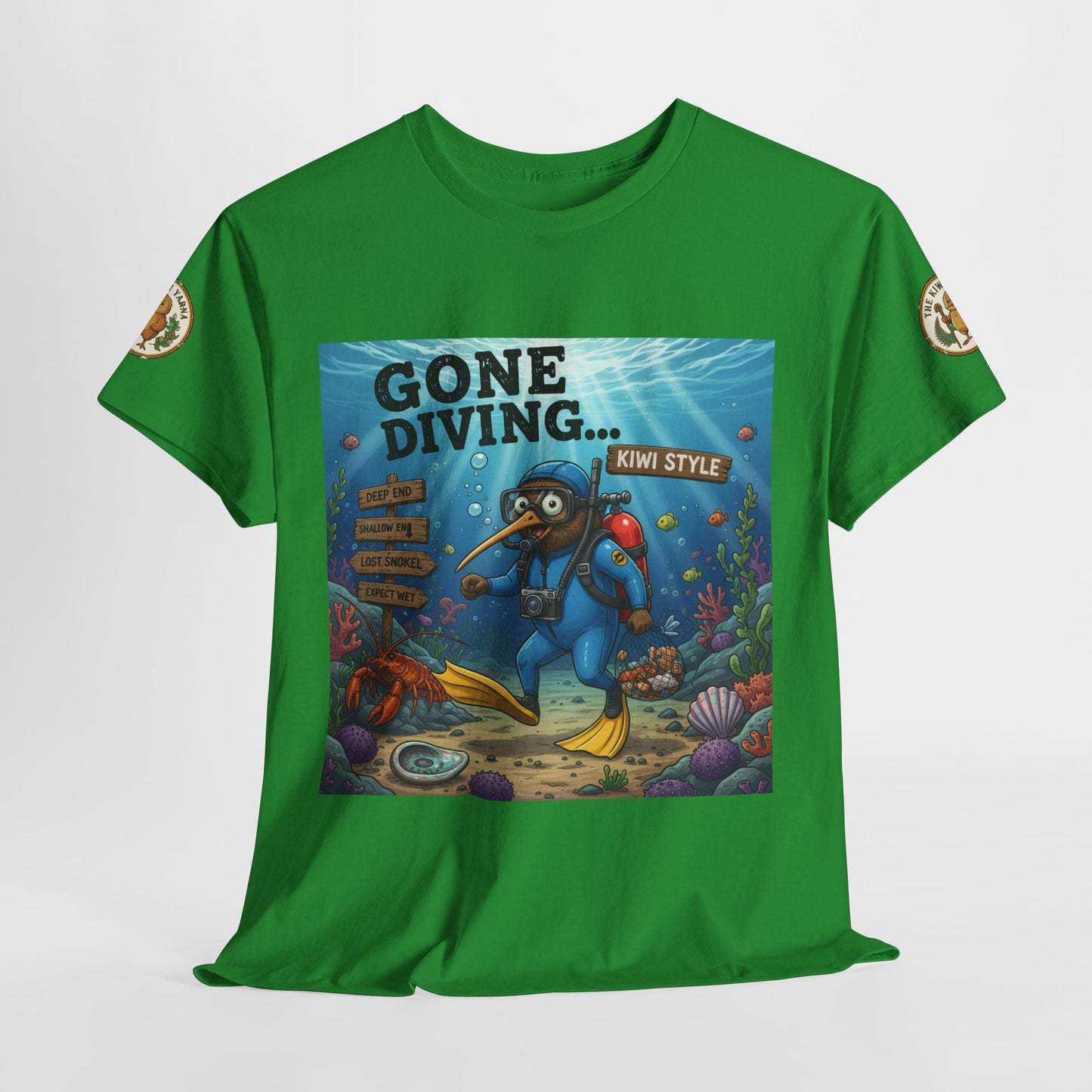 Green crew-neck T-shirt with centered “GONE DIVING… KIWY STYLE” graphic