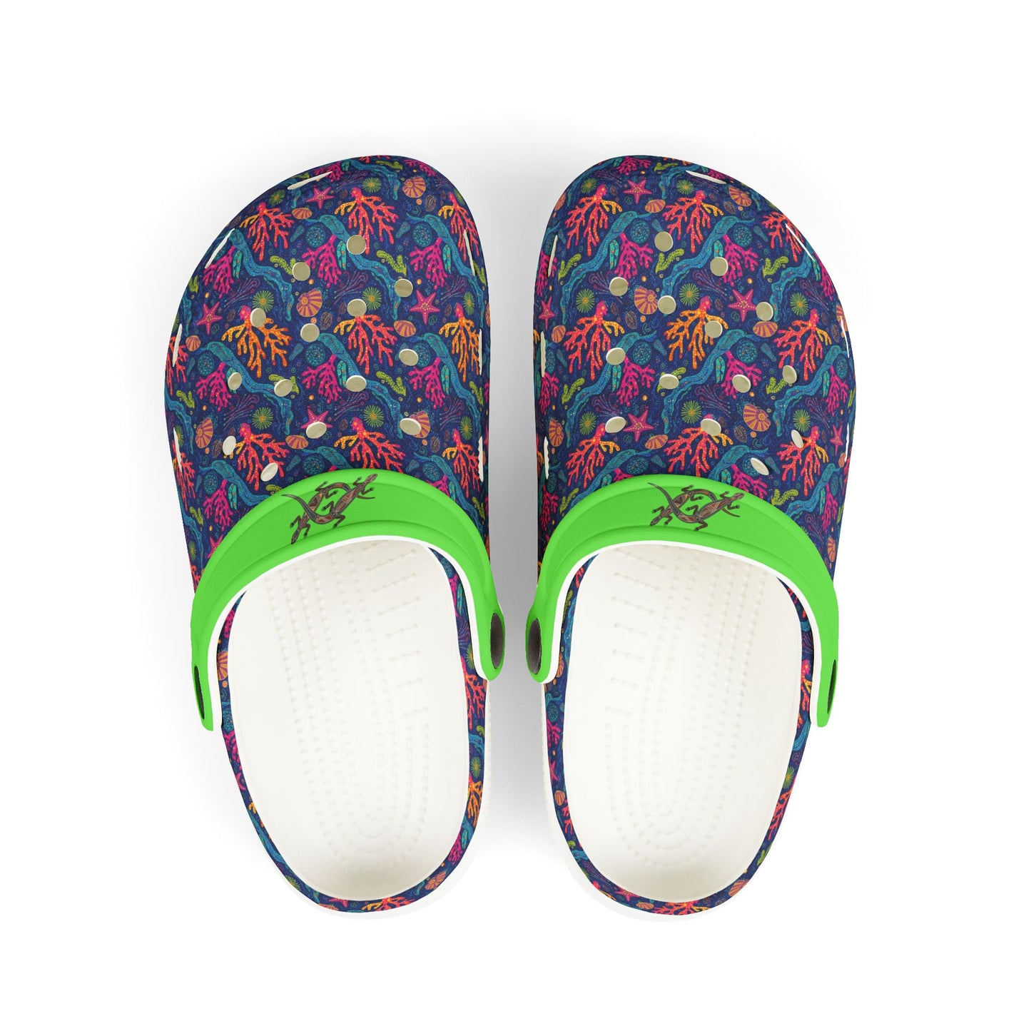Two patterned clogs showing white interior with green strap on blue/purple upper.