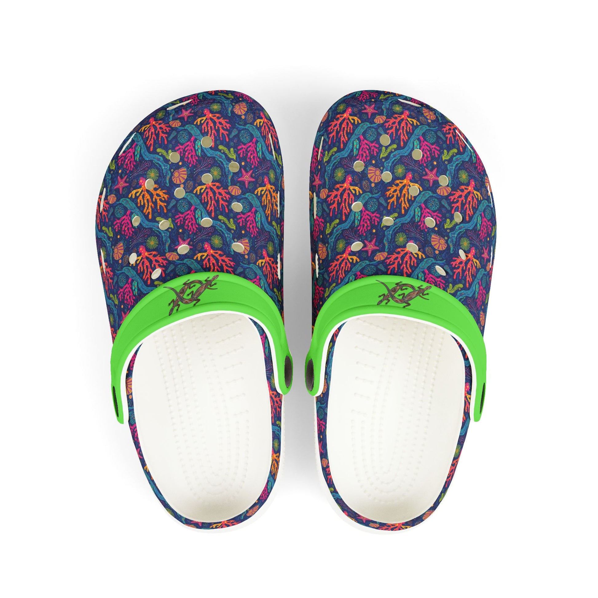 Two patterned clogs showing white interior with green strap on blue/purple upper.