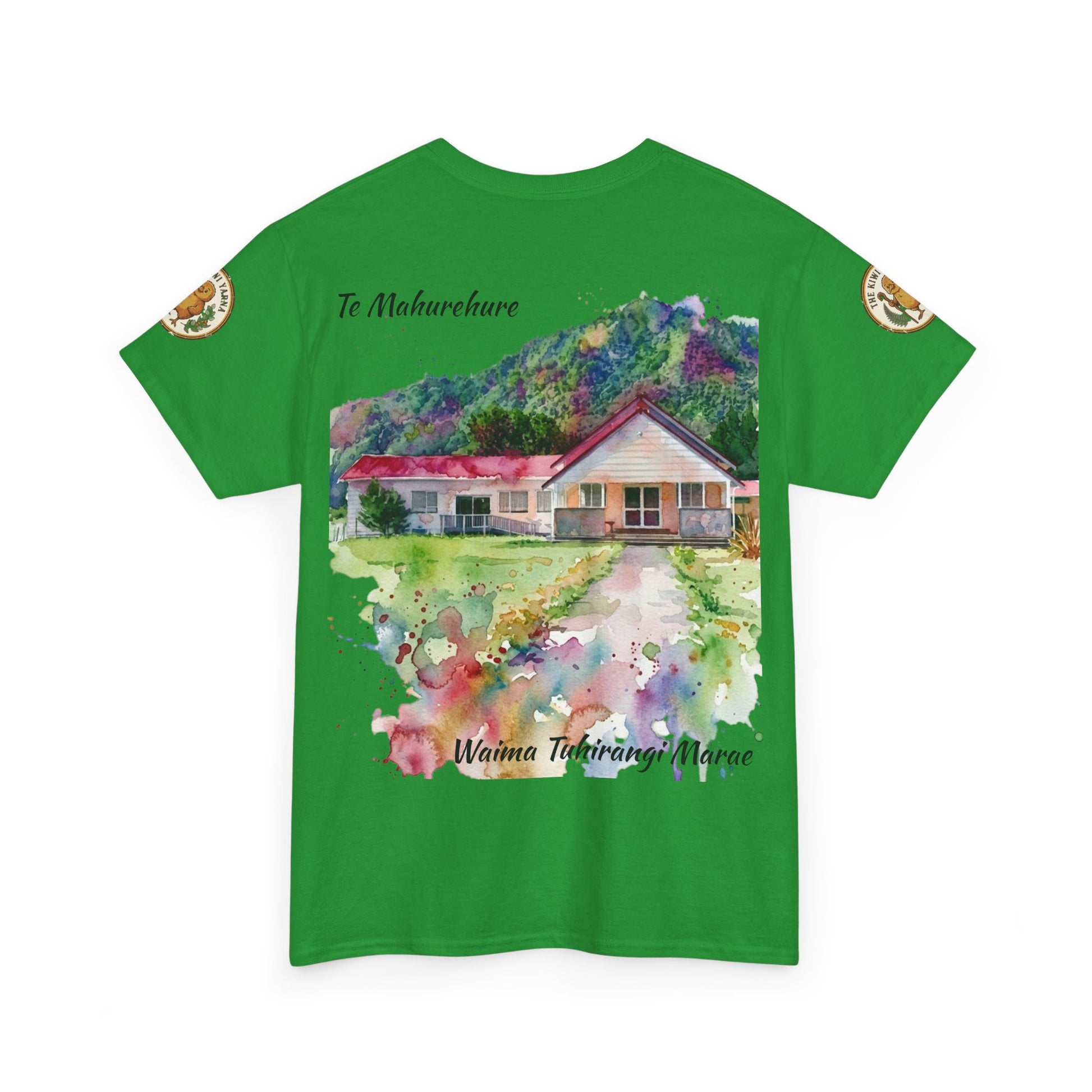 Green graphic crew-neck T-shirt with colorful house scene and printed text