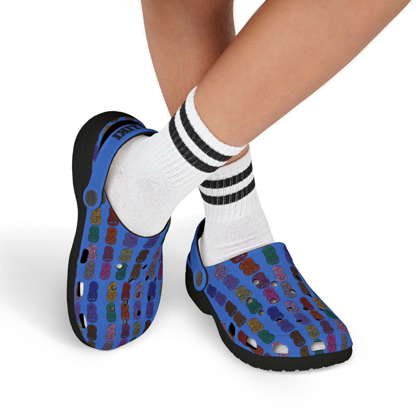 Kids casual clog shoes, with socks: blue patterned upper and black outsole