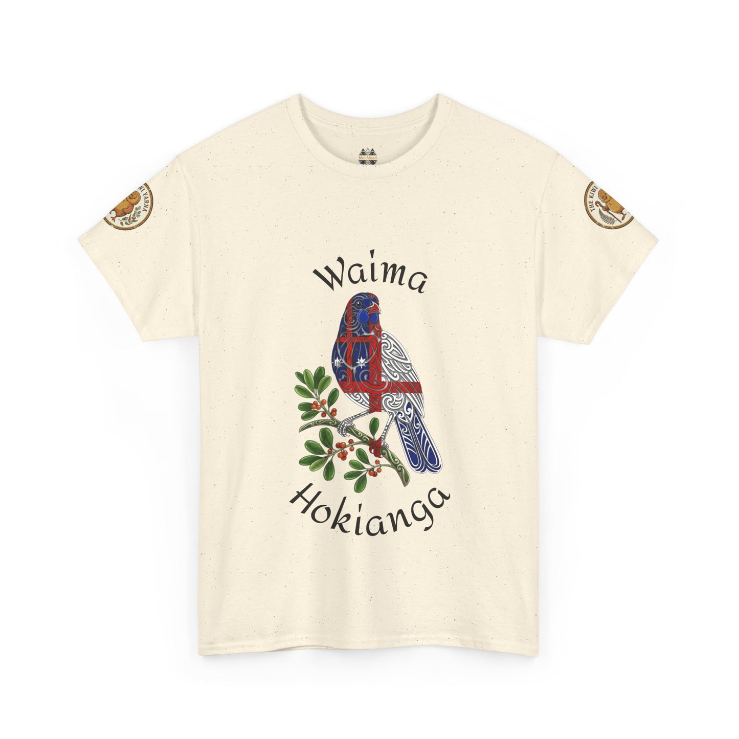 Cream T-shirt with blue bird graphic, leaf accents, and shoulder patches.