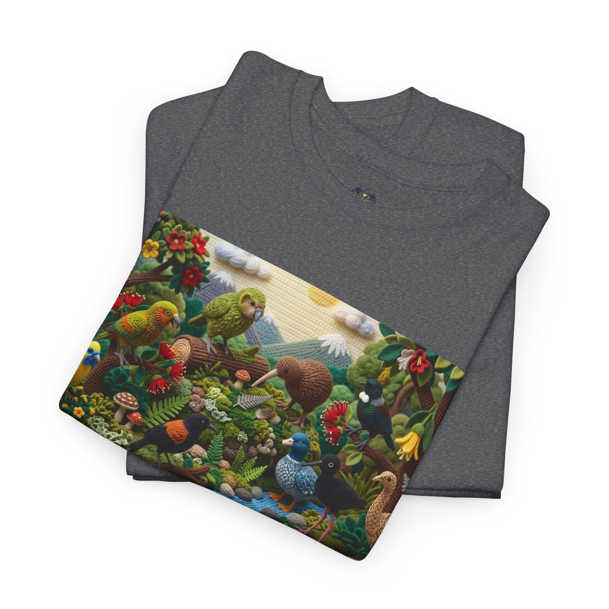 Dark gray crew-neck T-shirt with colorful birds-and-nature rectangle graphic detail