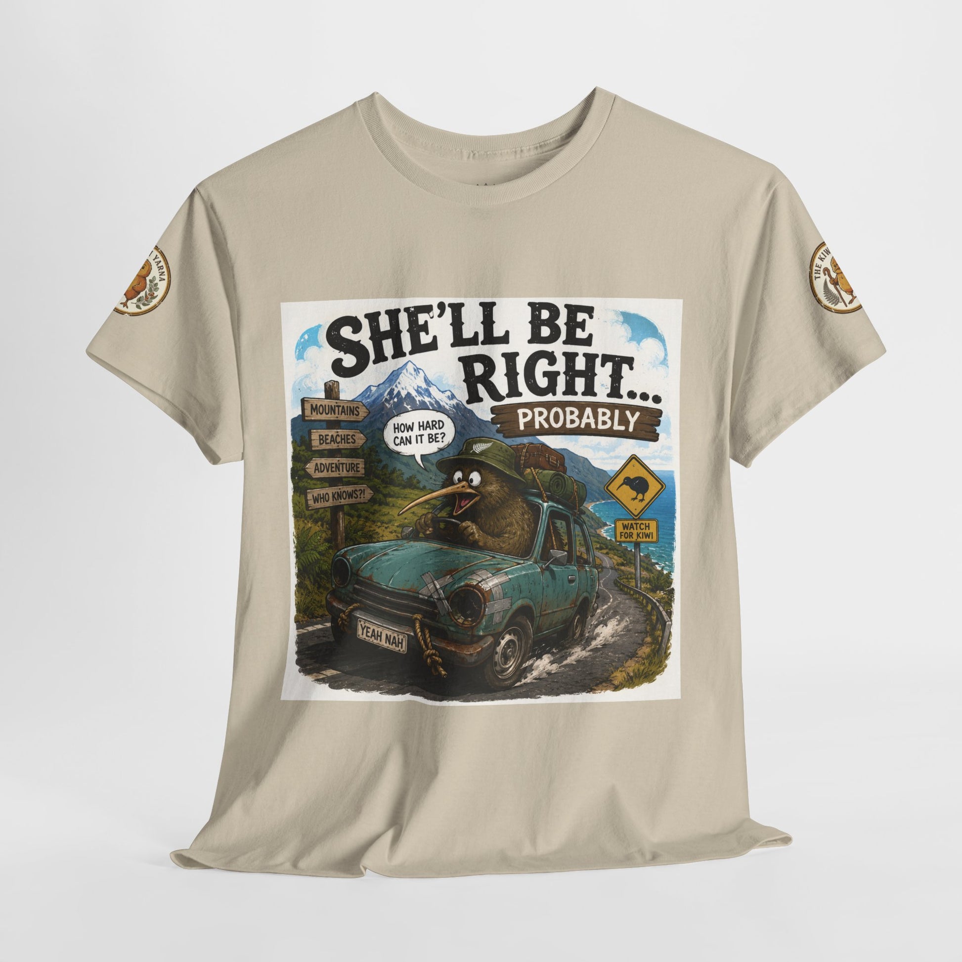 Cream crewneck T-shirt with front car and landscape graphic print