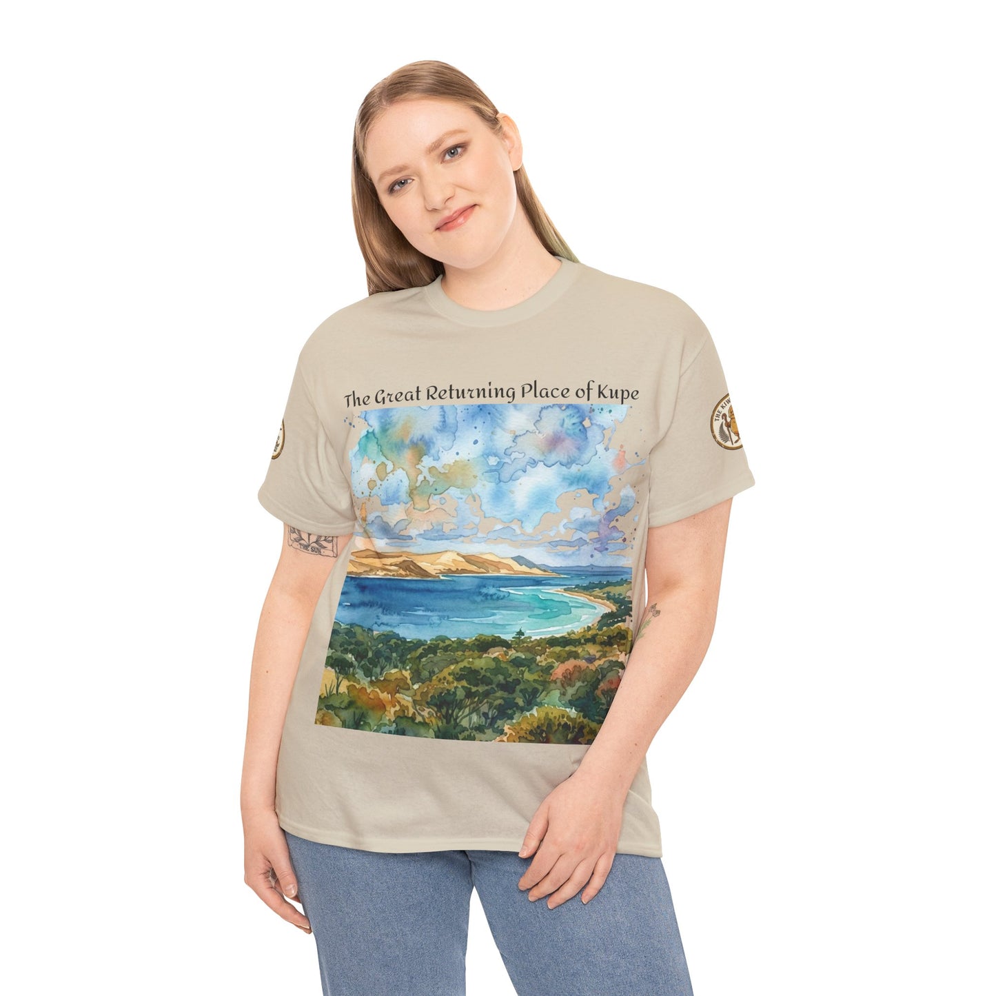 Beige Hokianga Harbour graphic T-shirt with large landscape print and short sleeves