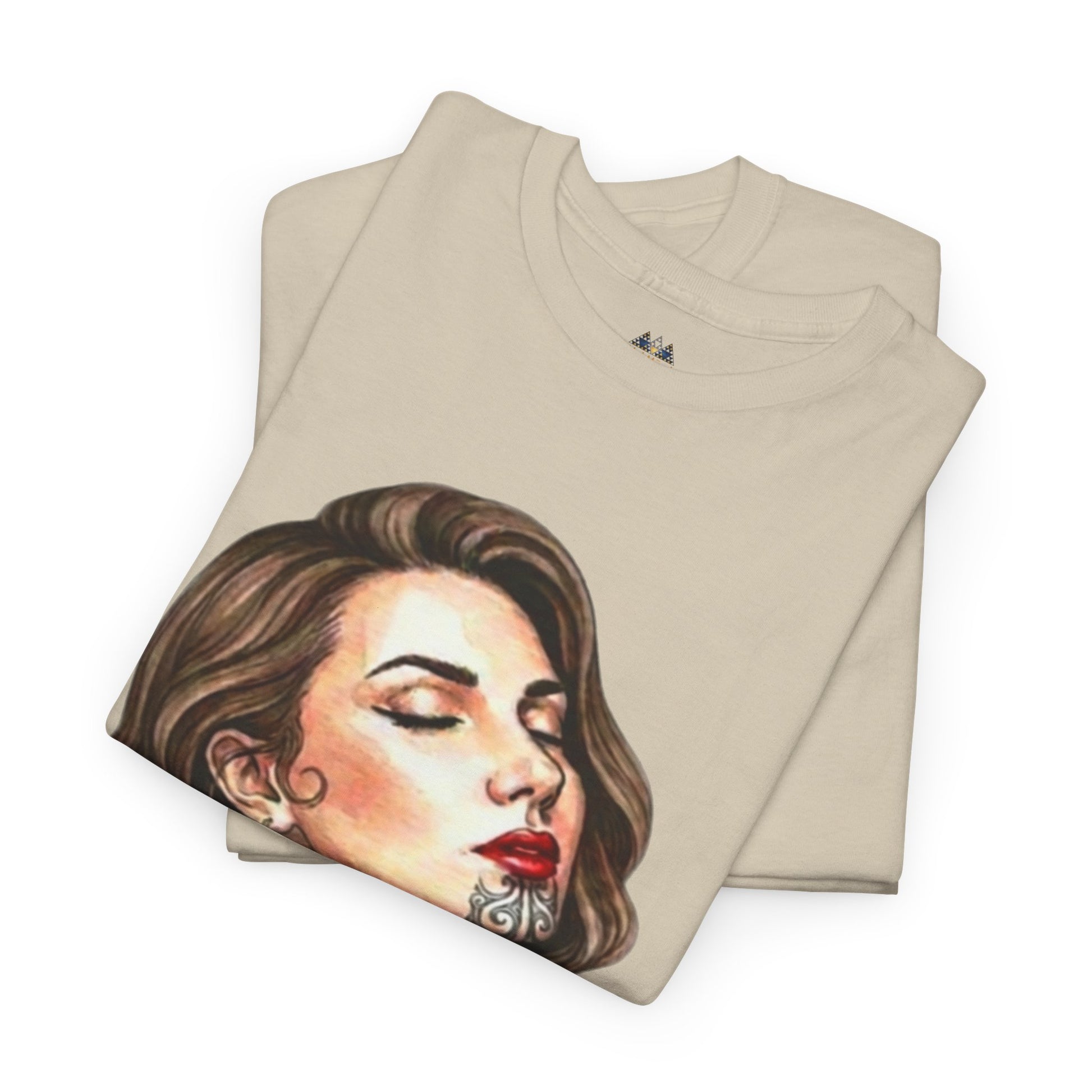 Beige graphic T-shirt with partial portrait face print
