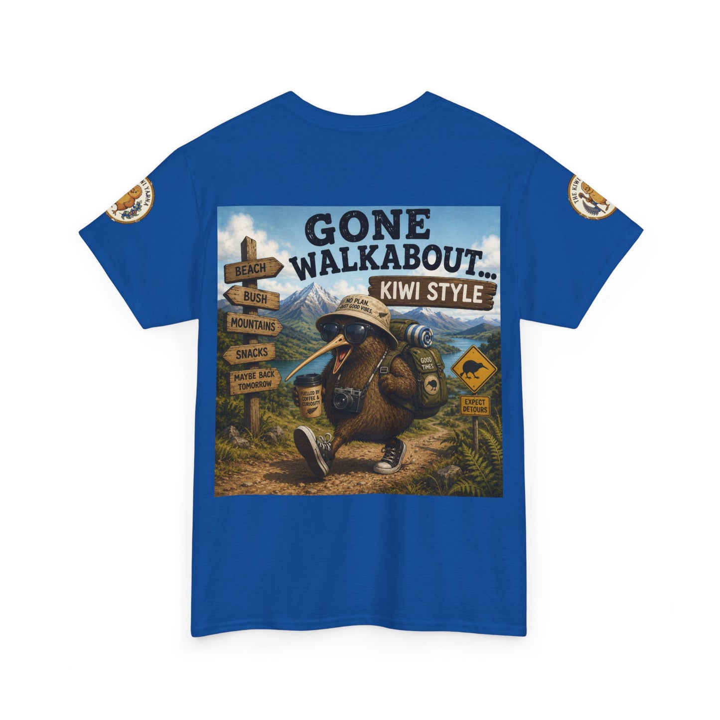 Blue crewneck graphic T-shirt with centered kiwi adventure poster print