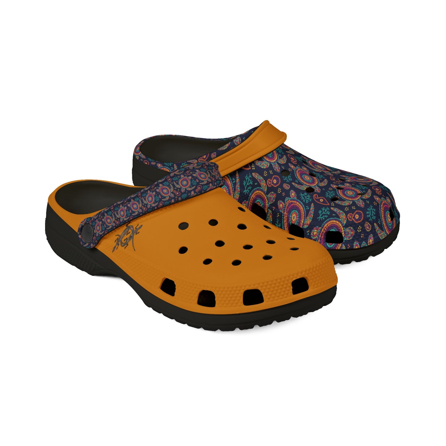Croc-style clog set, dark paisley upper with orange strap and orange perforated insole