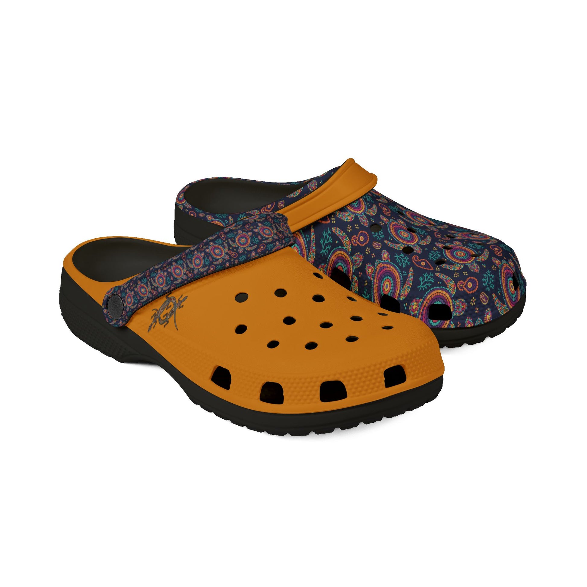 Croc-style clog set, dark paisley upper with orange strap and orange perforated insole