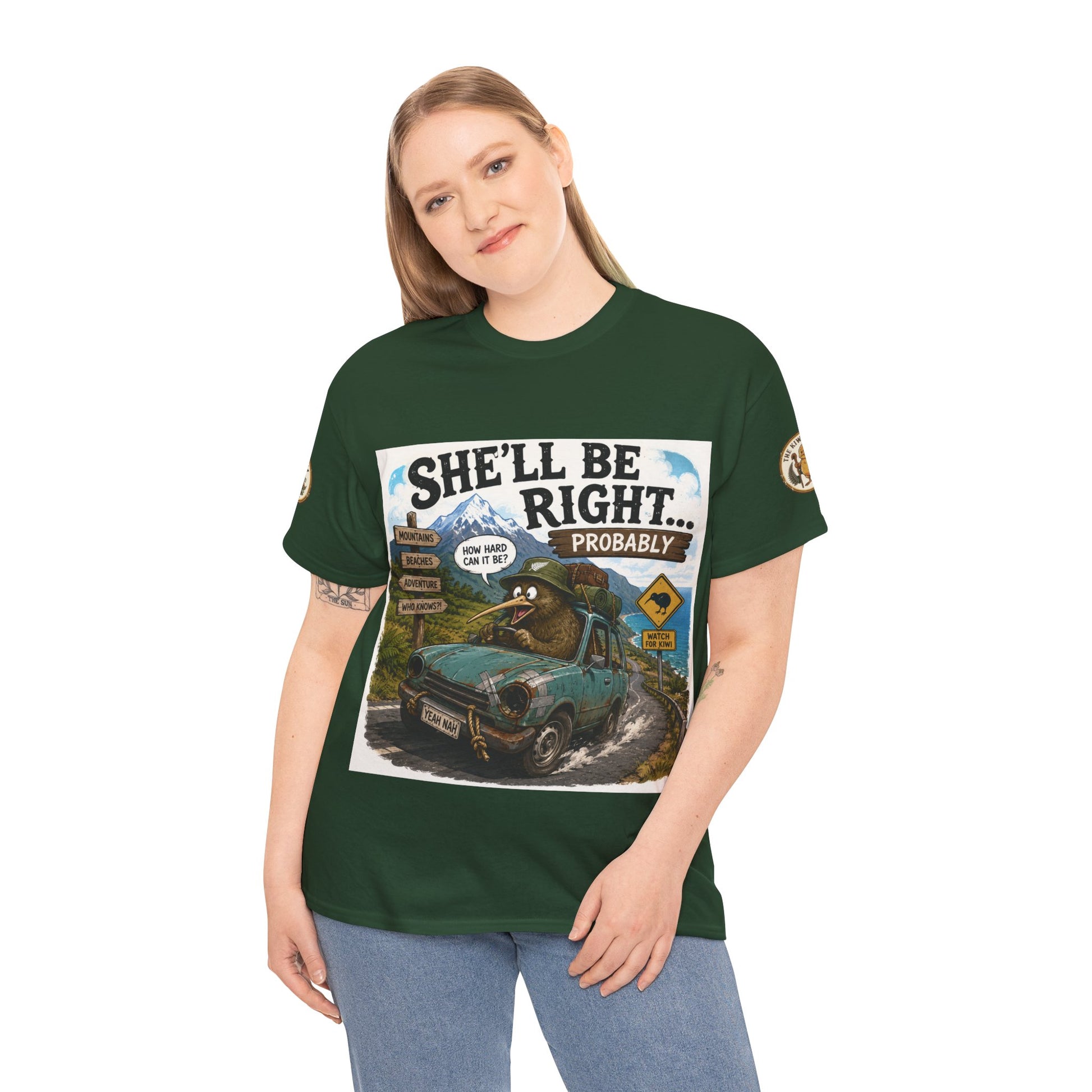Green graphic T-shirt on model with front poster-style print