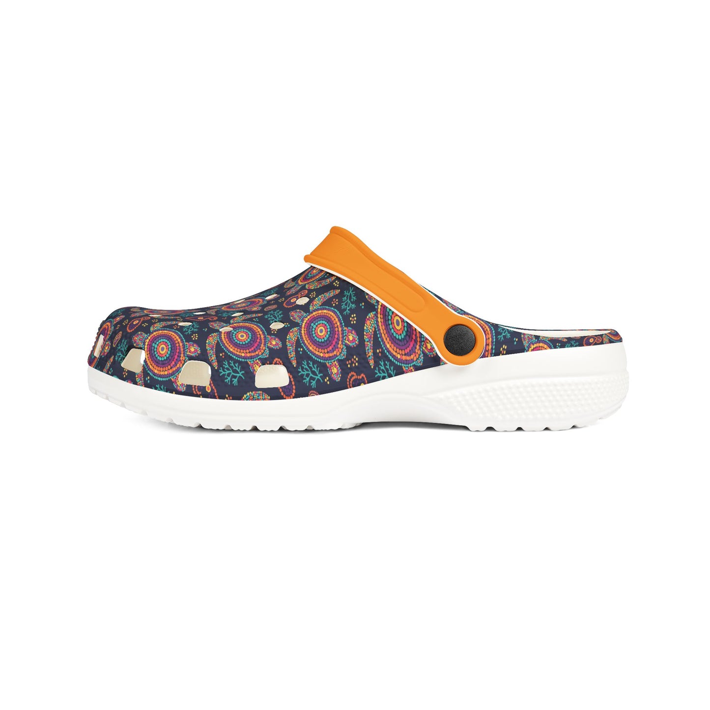 Croc-style clog with dark paisley upper, orange strap, and white sidewall sole