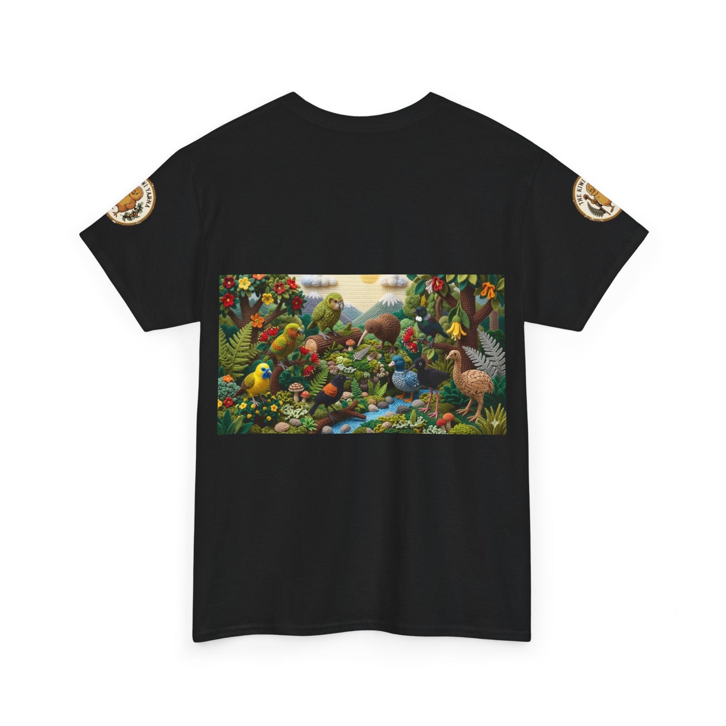 Black graphic T-shirt with birds-and-flowers rectangular front print and small sleeve badges