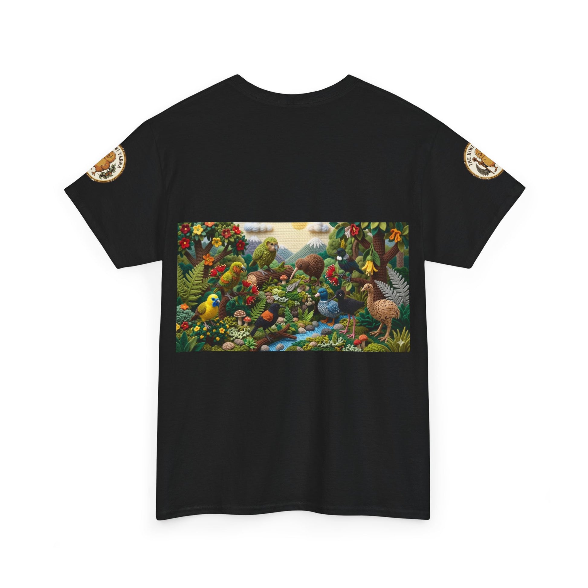 Black graphic T-shirt with birds-and-flowers rectangular front print and small sleeve badges