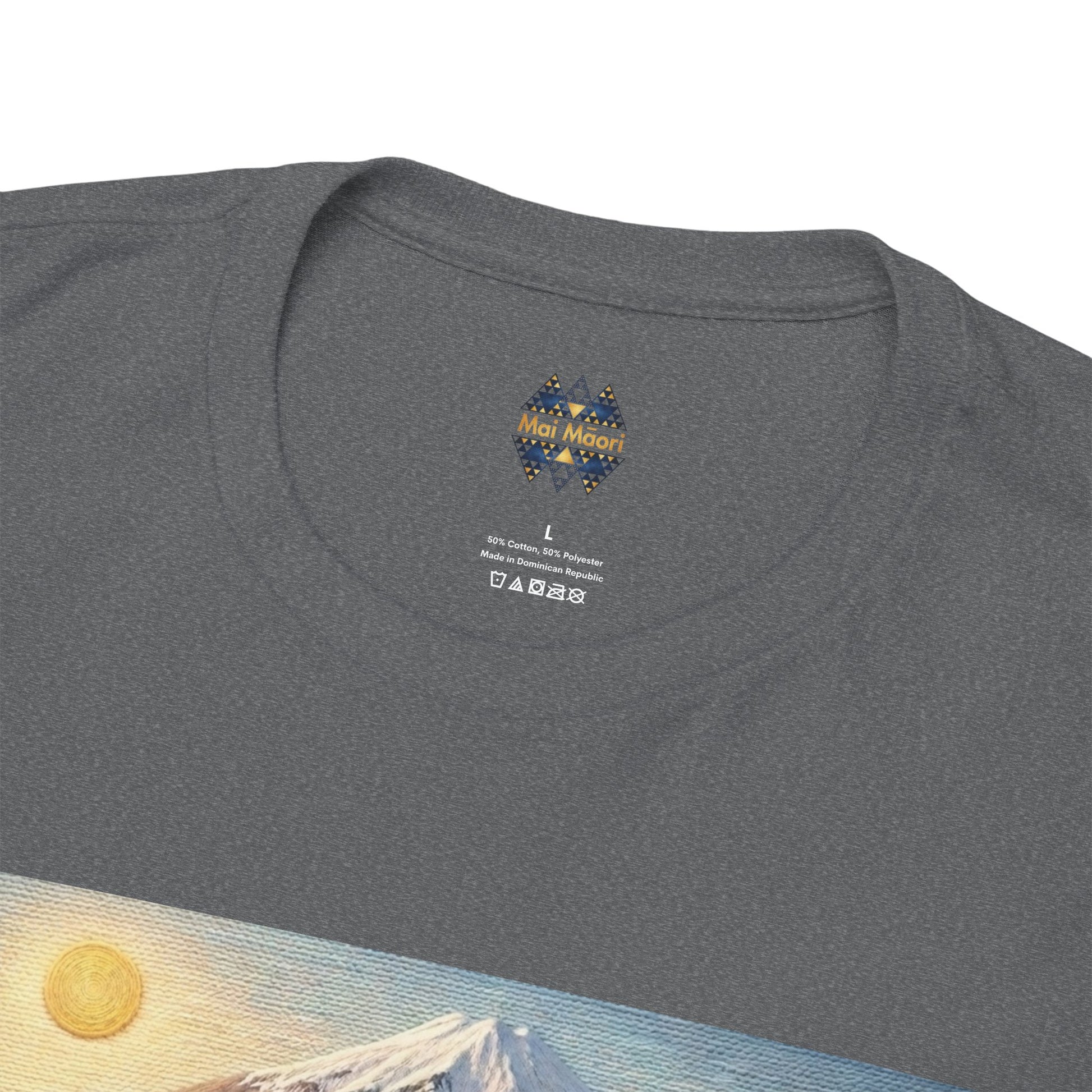 Dark gray T-shirt back close-up with small logo print near the neckline.