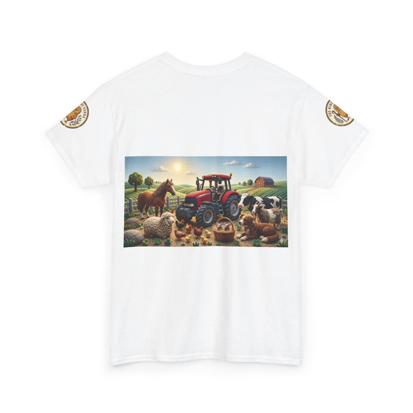White crewneck T-shirt with rectangular farm tractor and animals graphic on the chest.