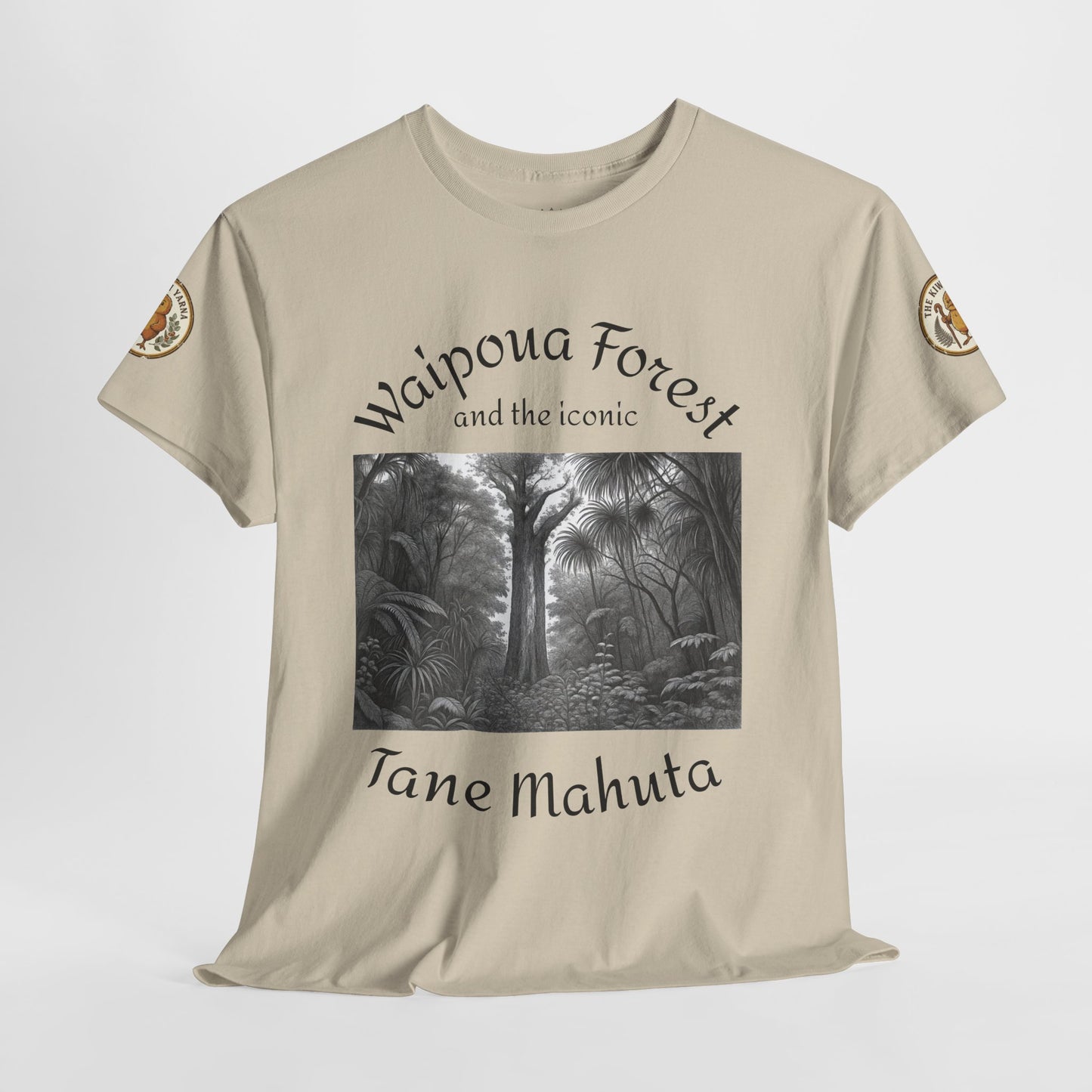 Beige crewneck T-shirt with forest scene and Waipoua lettering
