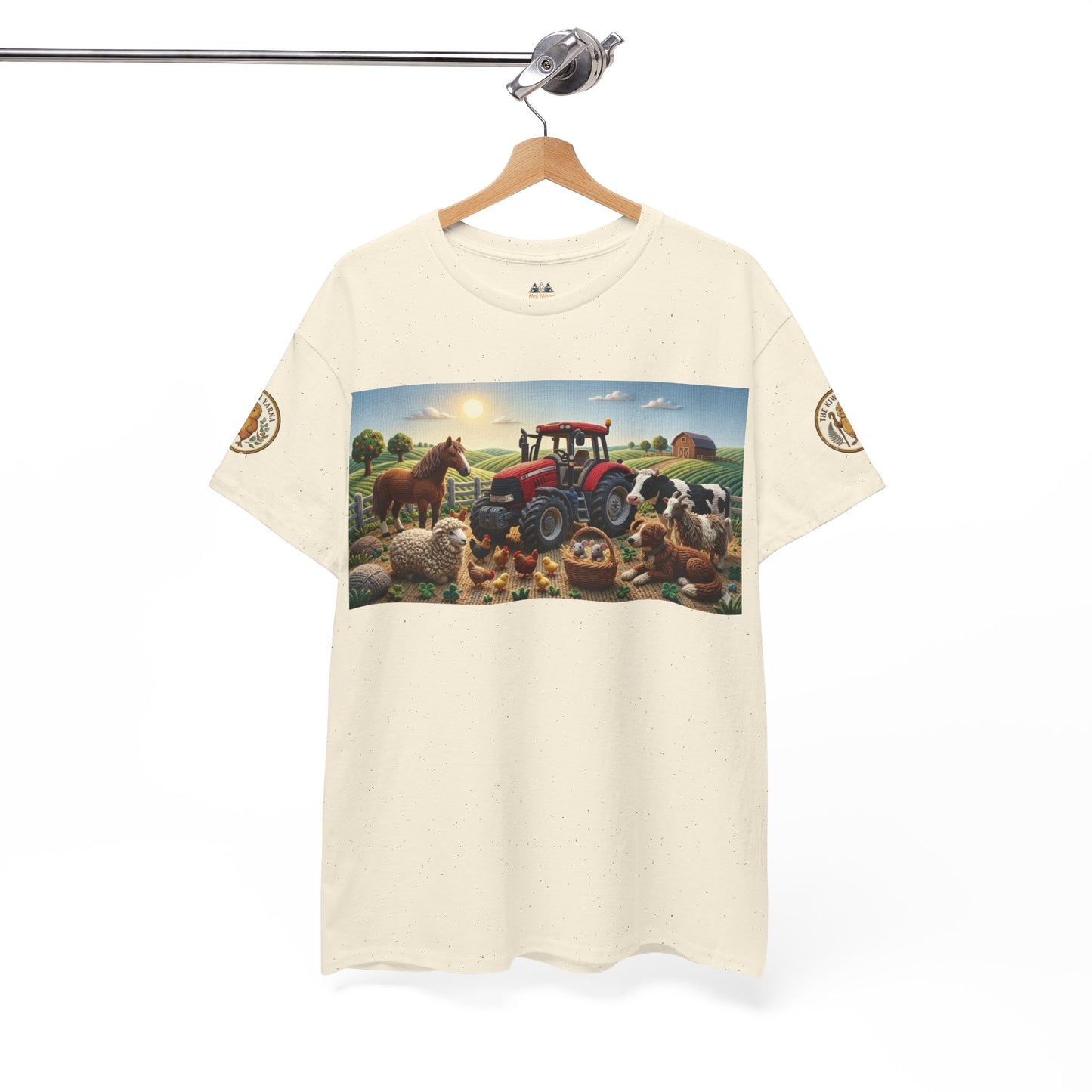 Cream graphic T-shirt hanging on a hanger, front farm scene rectangle print