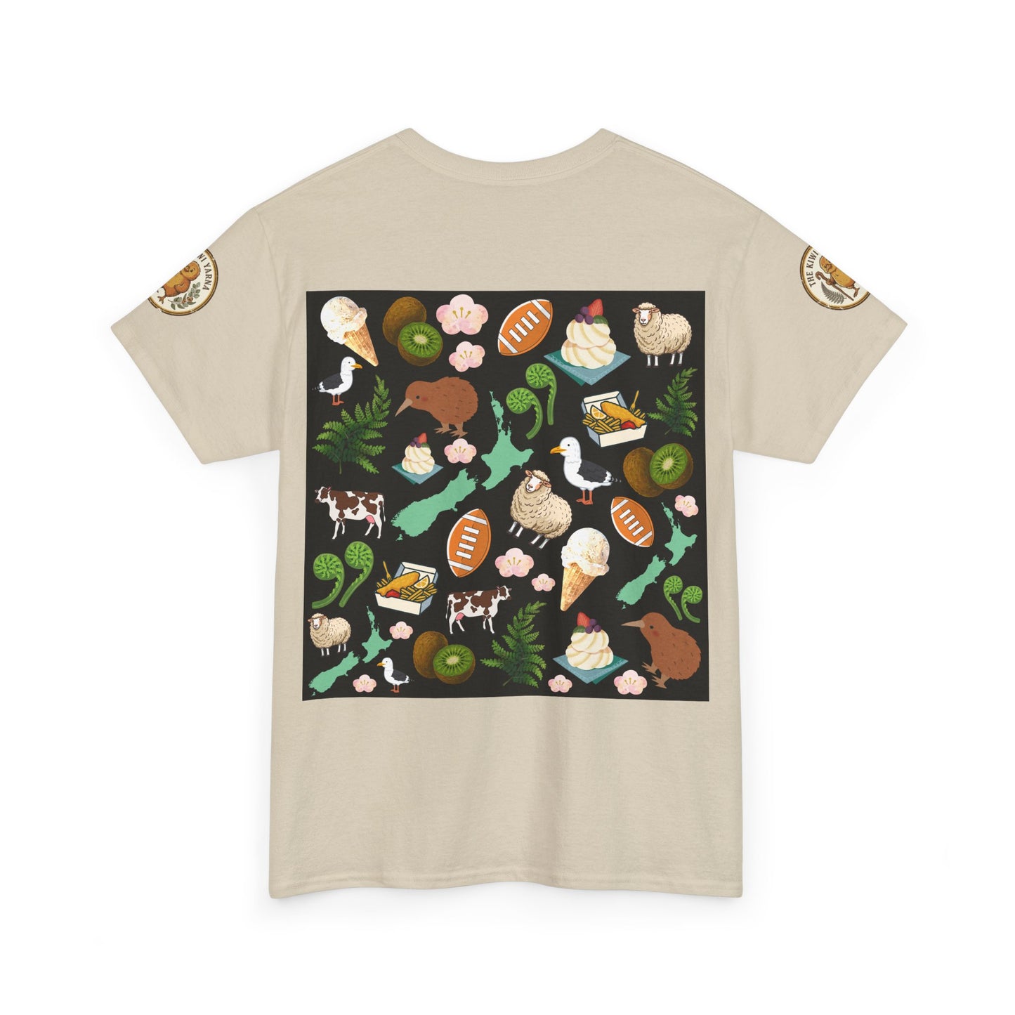 Beige crewneck T-shirt with colorful Kiwiana collage print on front