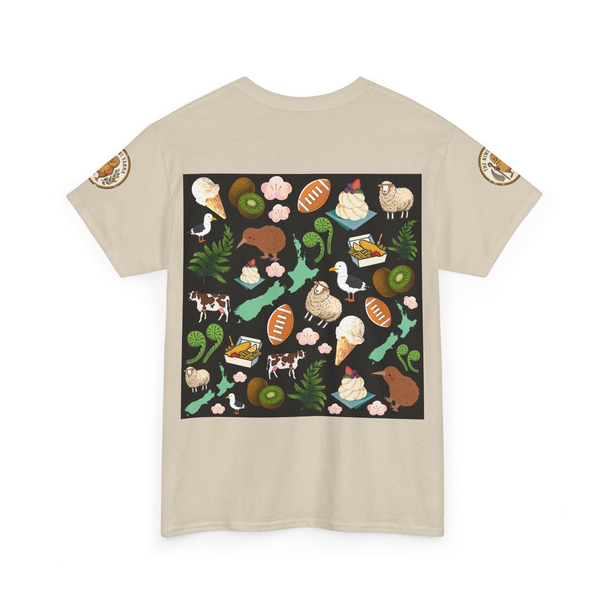 Beige crewneck T-shirt with colorful Kiwiana collage print on front