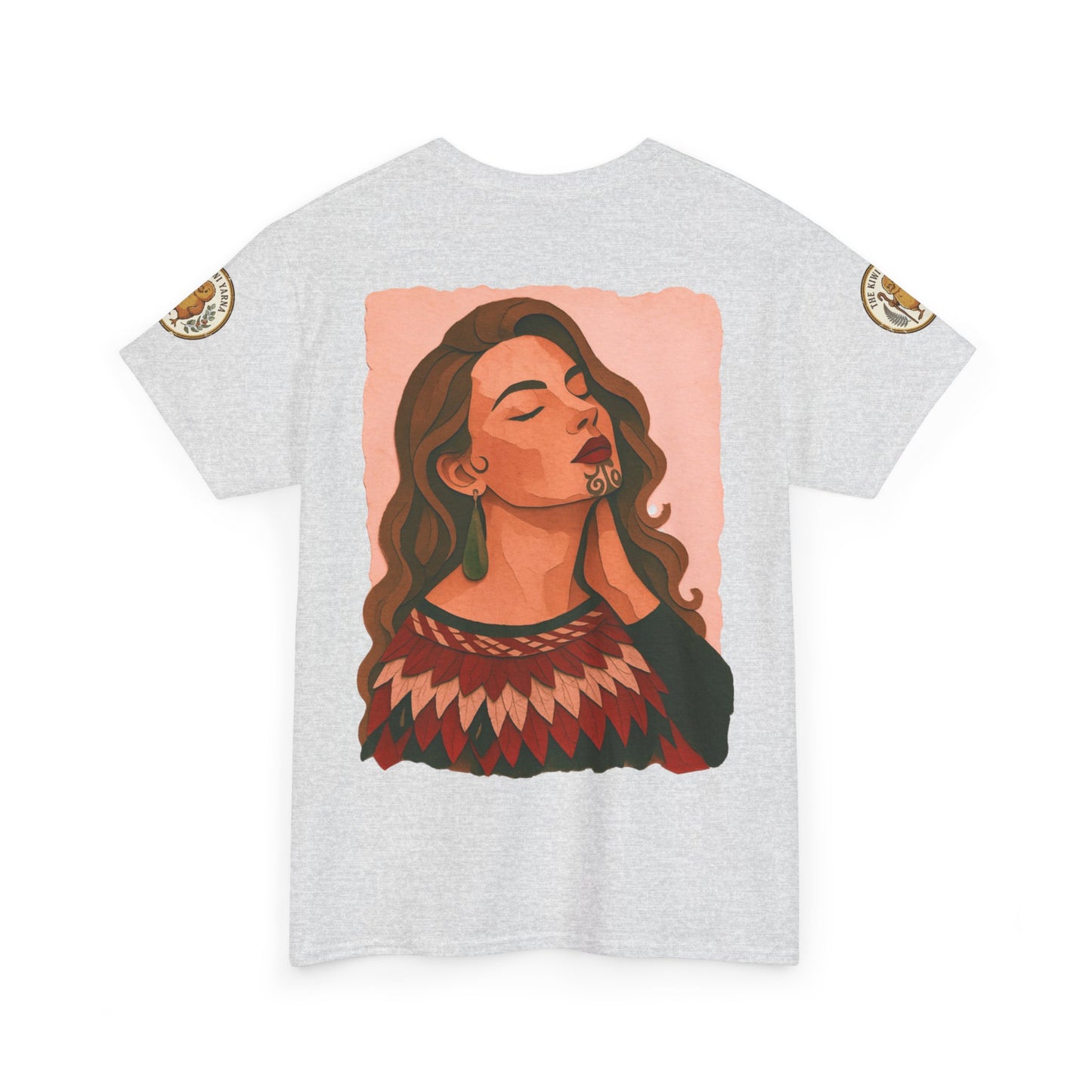 Korowai graphic t-shirt, heather gray; side portrait print with peach background