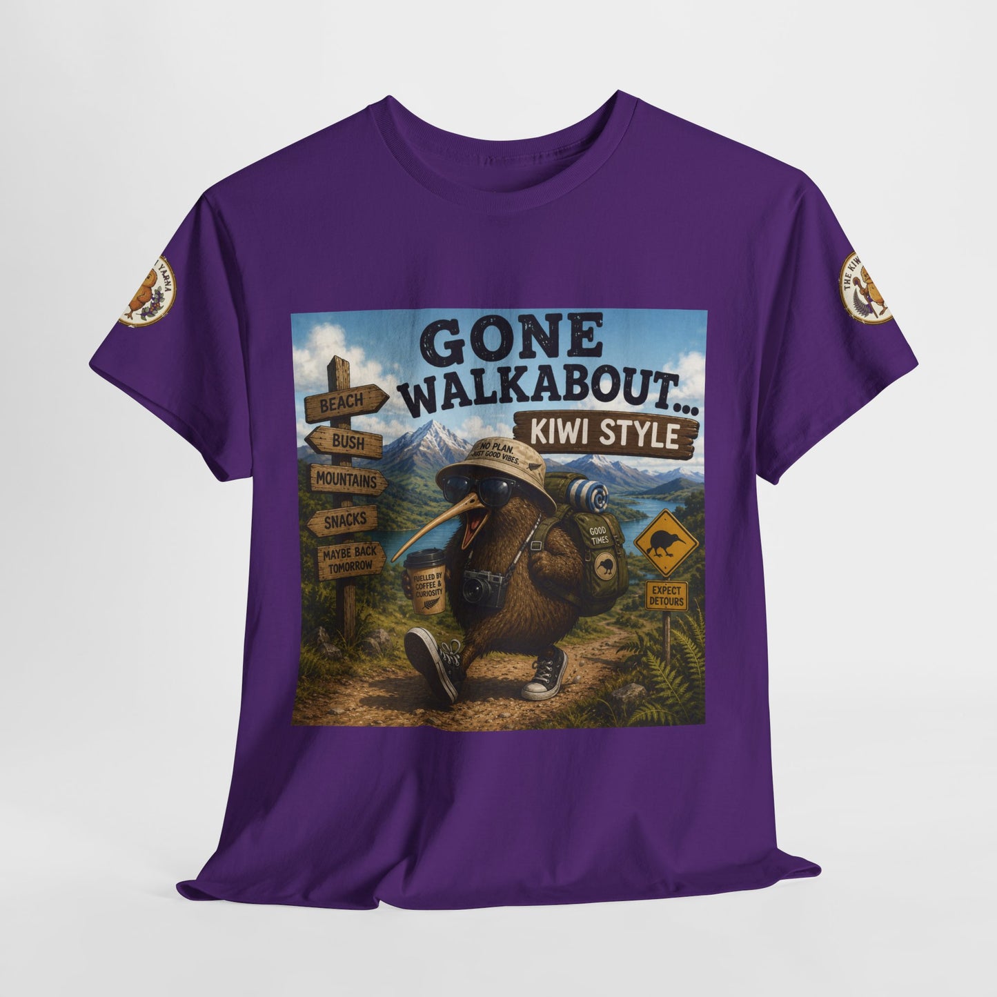 Purple crew-neck short-sleeve T-shirt with large front Gone Walkabout Kiwi Style graphic.