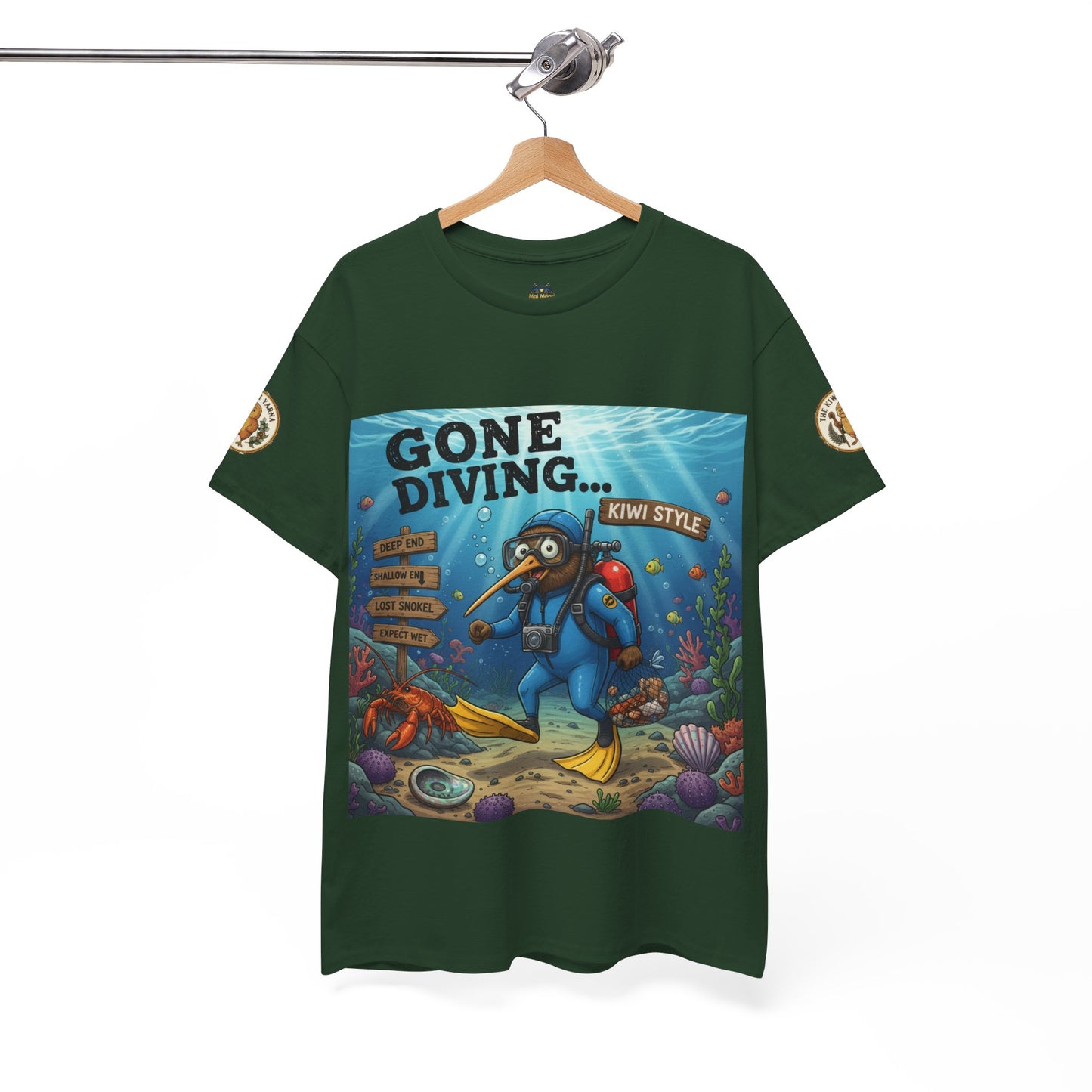 Dark green graphic T-shirt hanging display with front diver artwork and sleeve logos