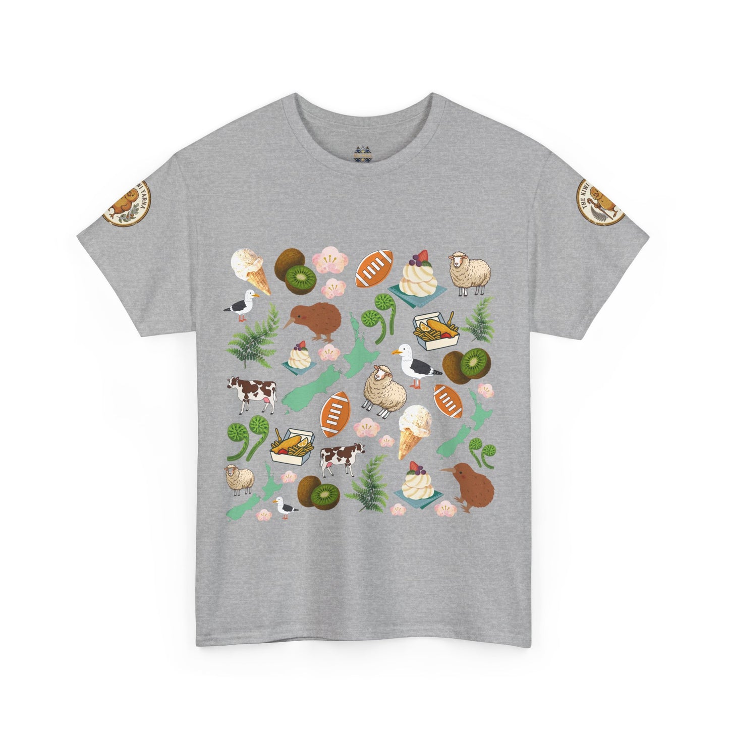 Sport Grey Kiwiana graphic T-shirt, crewneck, short sleeves, colorful bird and flora print