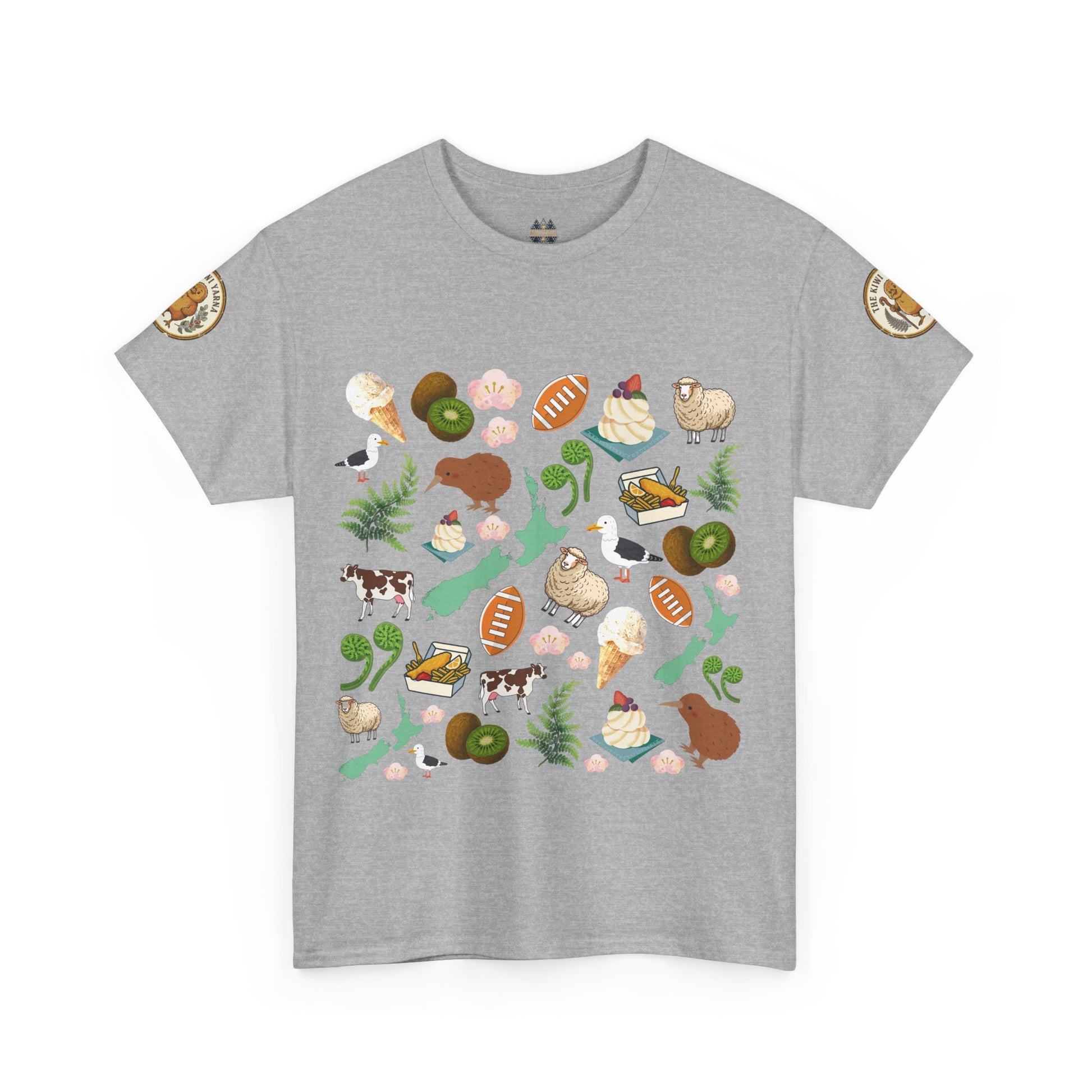 Sport Grey Kiwiana graphic T-shirt, crewneck, short sleeves, colorful bird and flora print