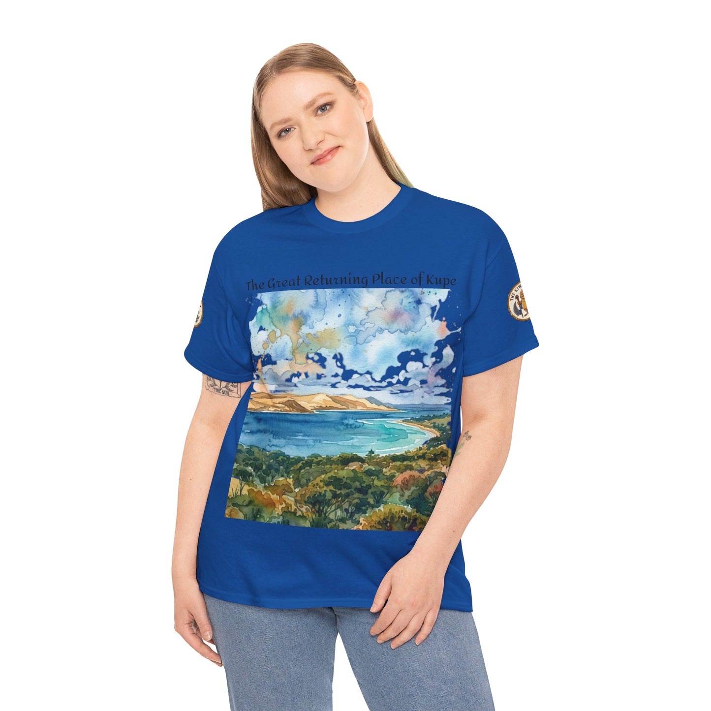 Blue crew-neck graphic T-shirt worn by model, scenic landscape print on front