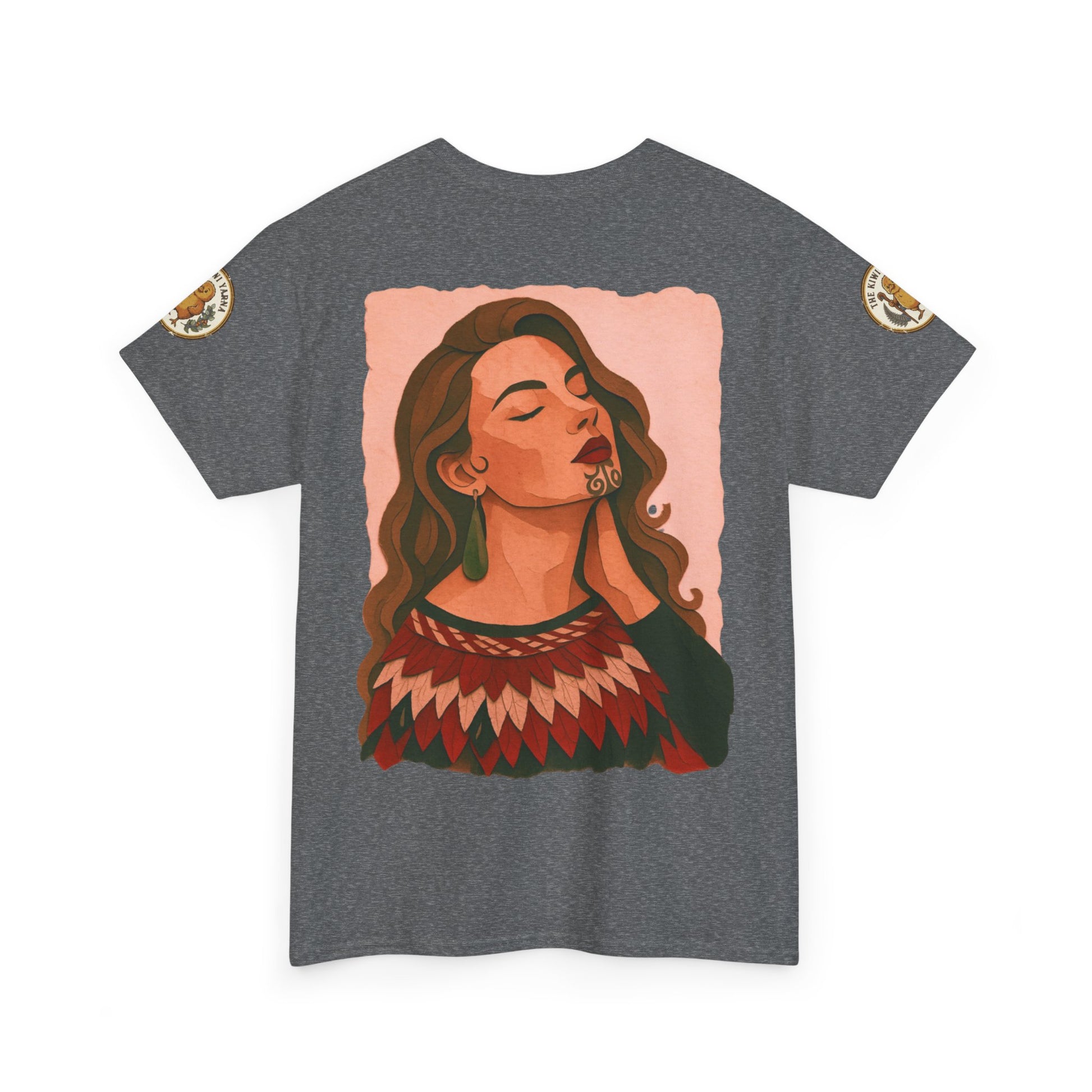 Heather gray crewneck graphic T-shirt with woman portrait print, short sleeves.